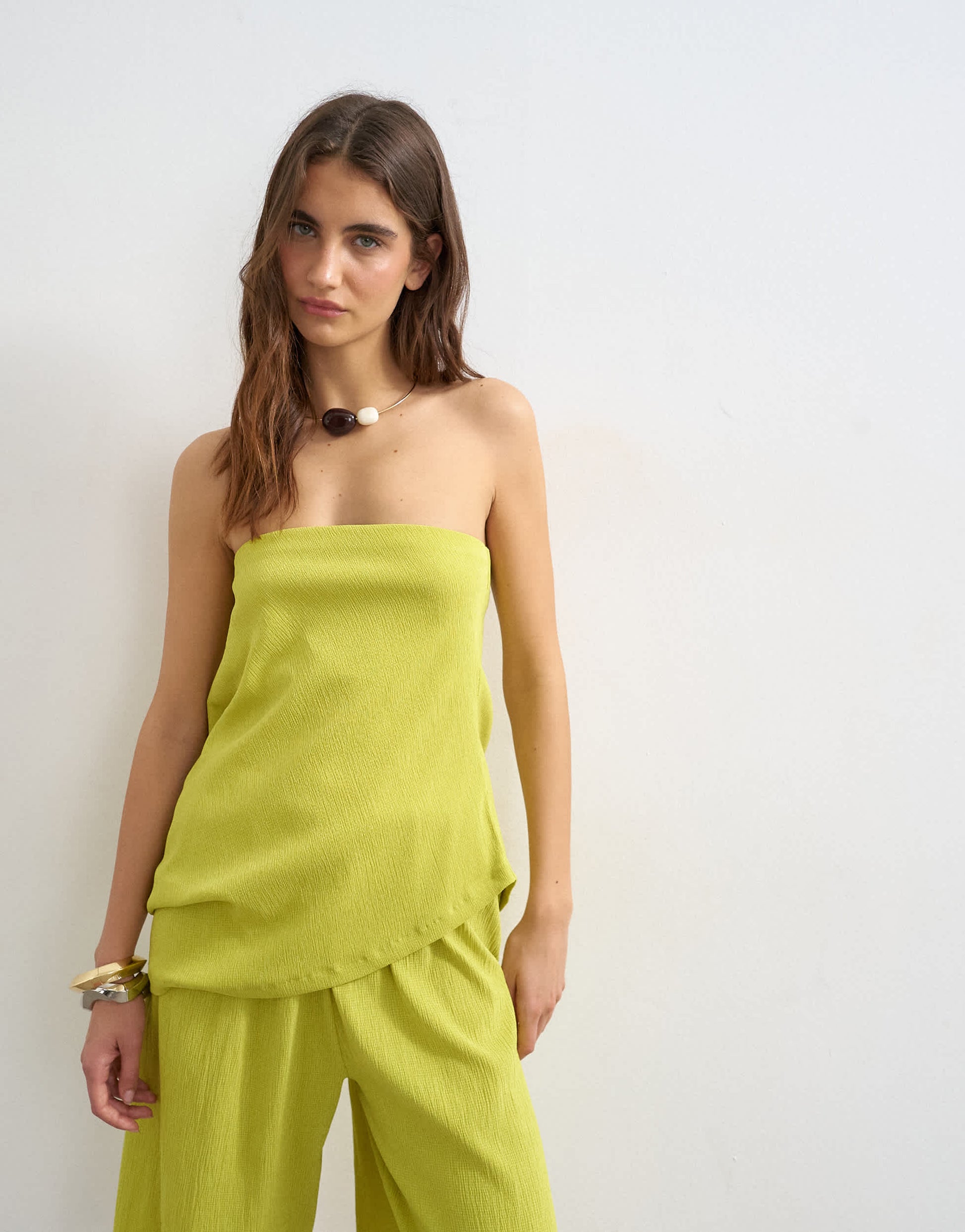 Topshop drape detail textured bandeau co-ord top in green