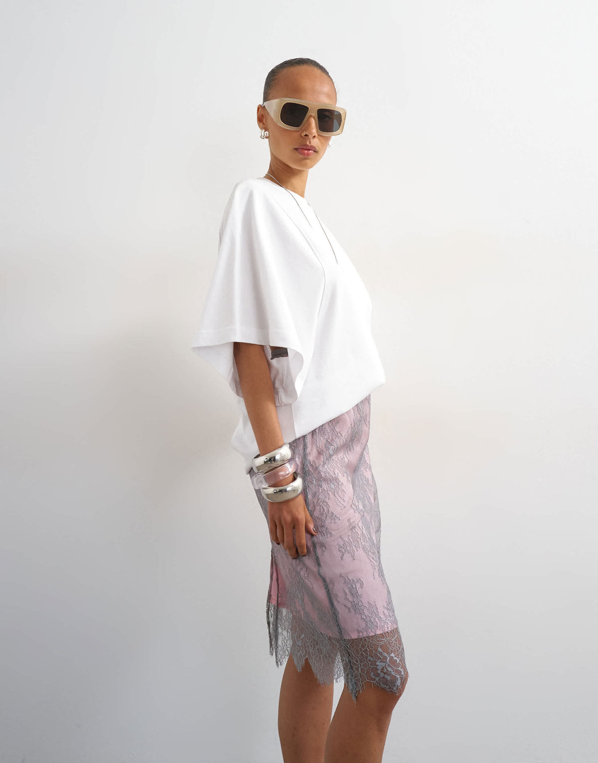 Topshop lace midi skirt with pink insert in grey