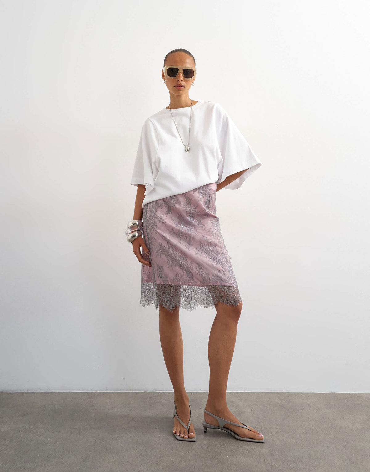 Topshop lace midi skirt with pink insert in grey