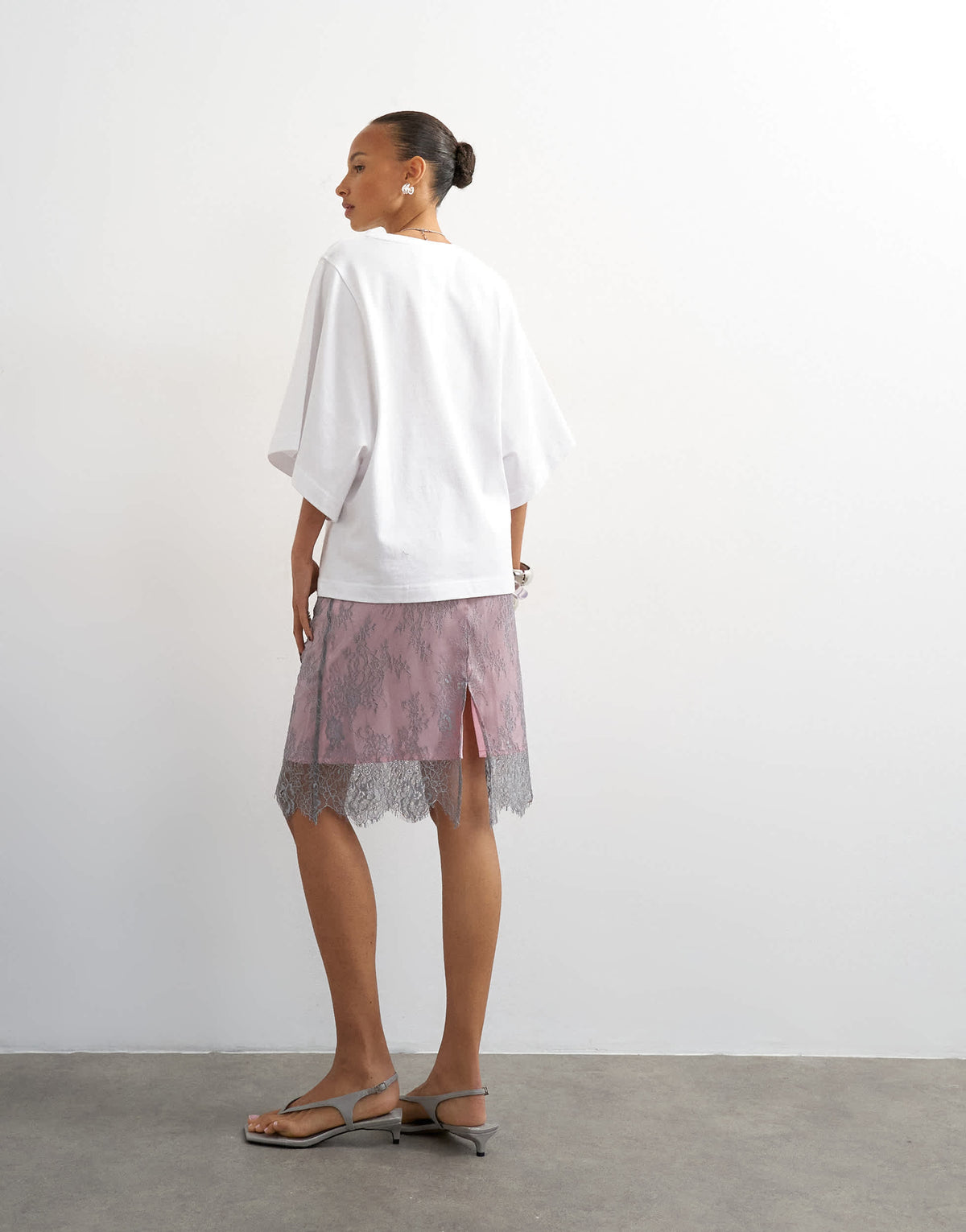 Topshop lace midi skirt with pink insert in grey