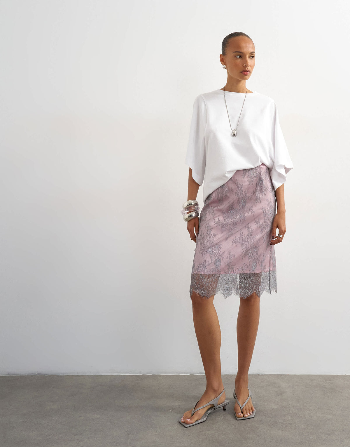 Topshop lace midi skirt with pink insert in grey