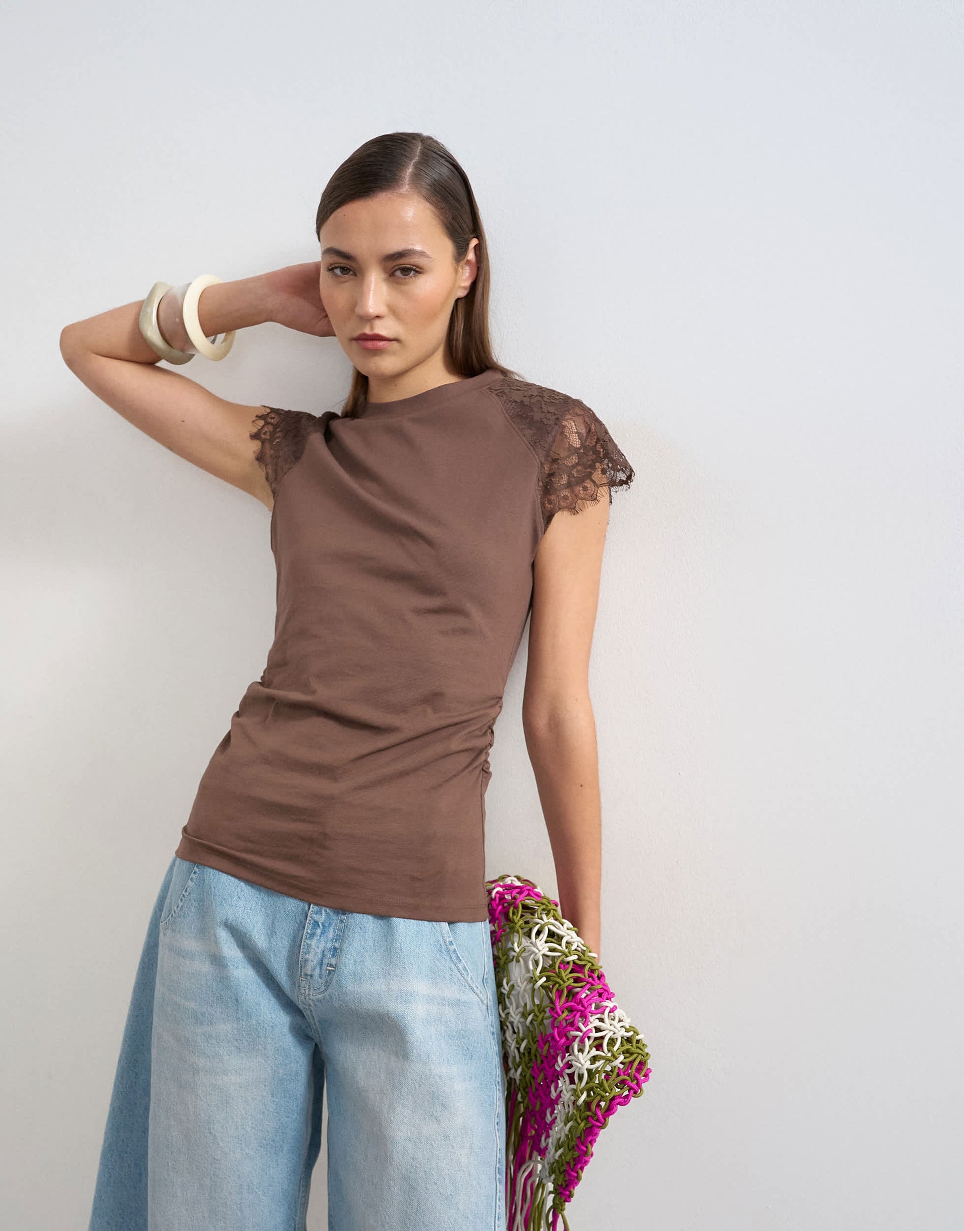 Topshop lace detail cap sleeve tee in chocolate