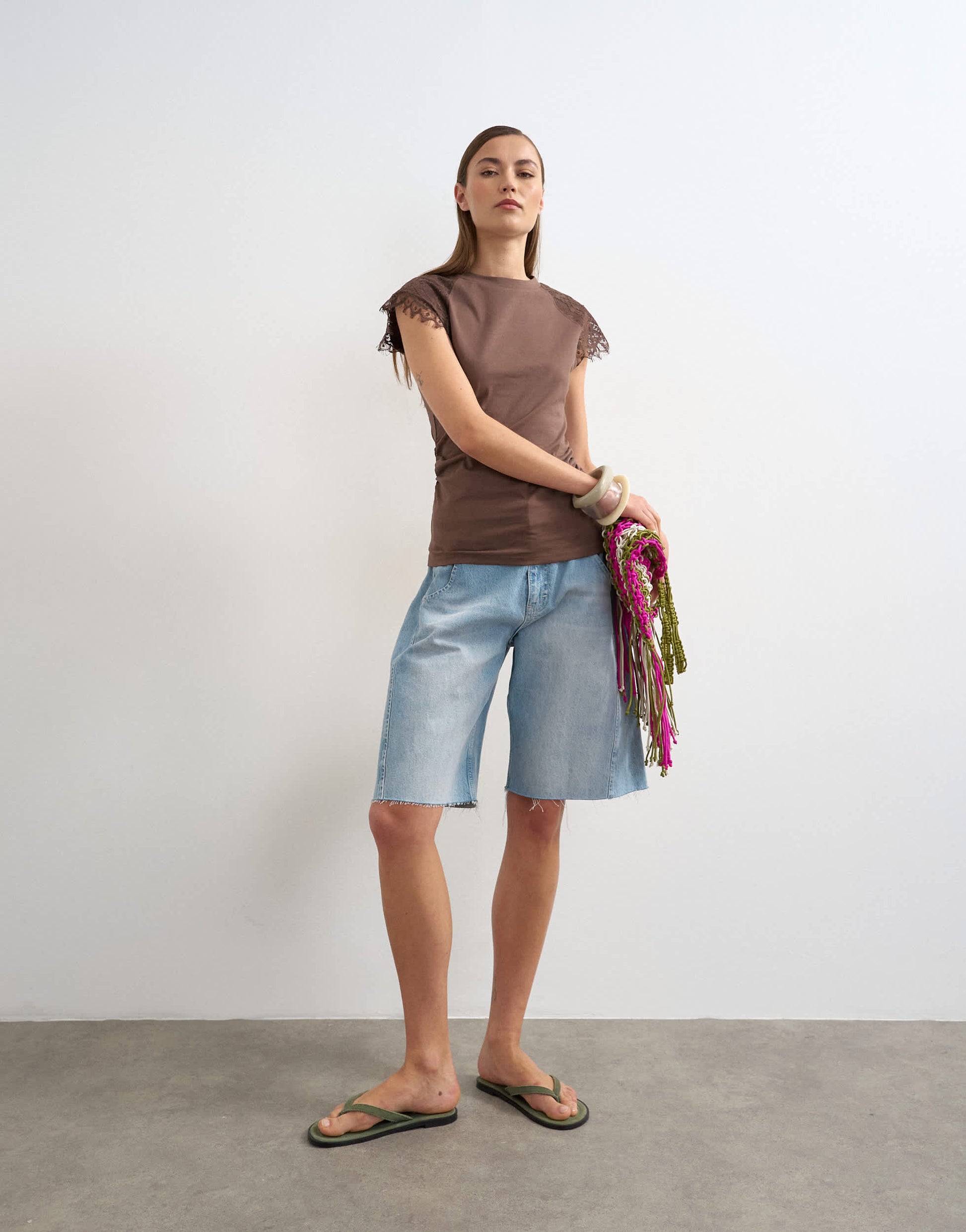 Topshop lace detail cap sleeve tee in chocolate
