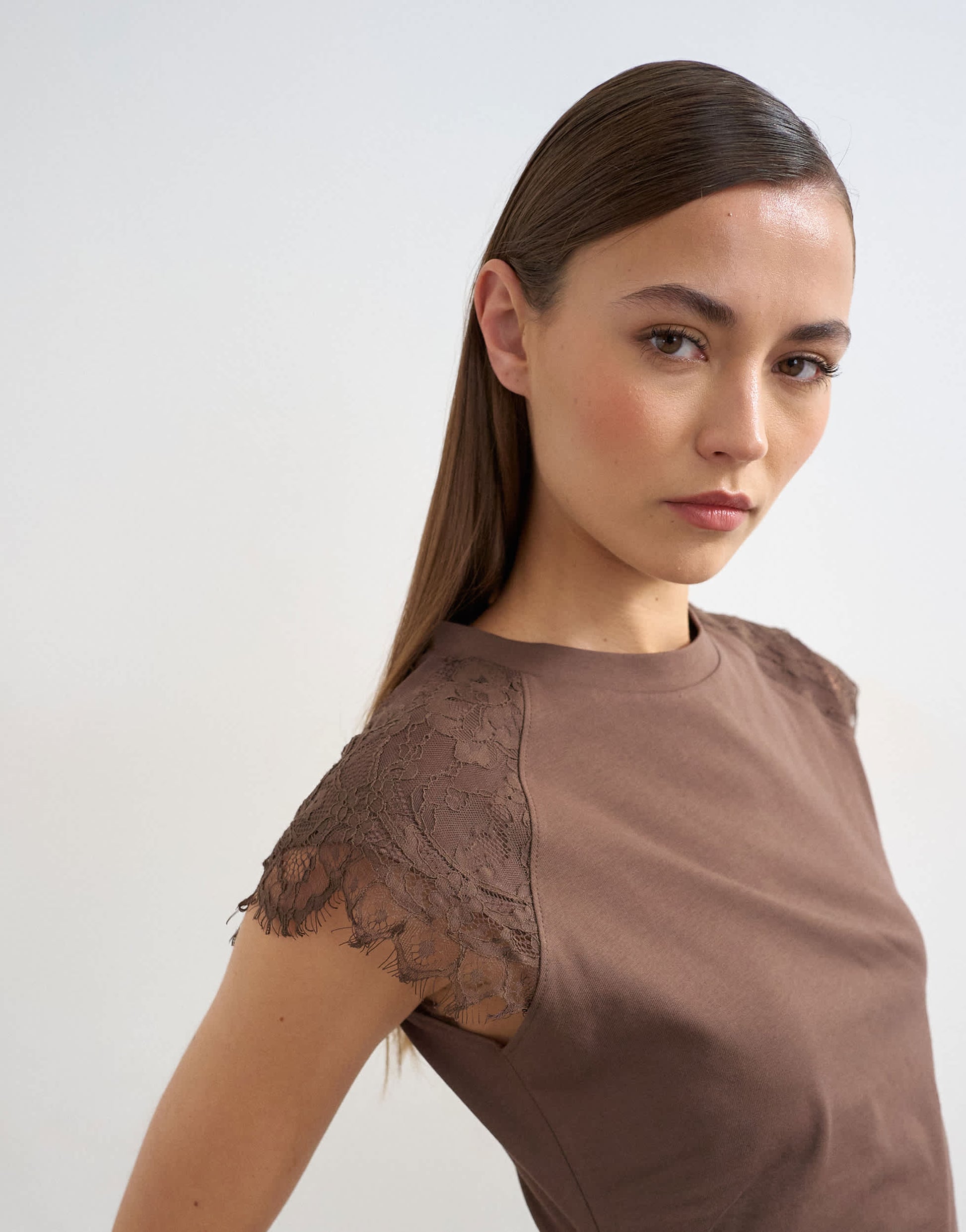 Topshop lace detail cap sleeve tee in chocolate