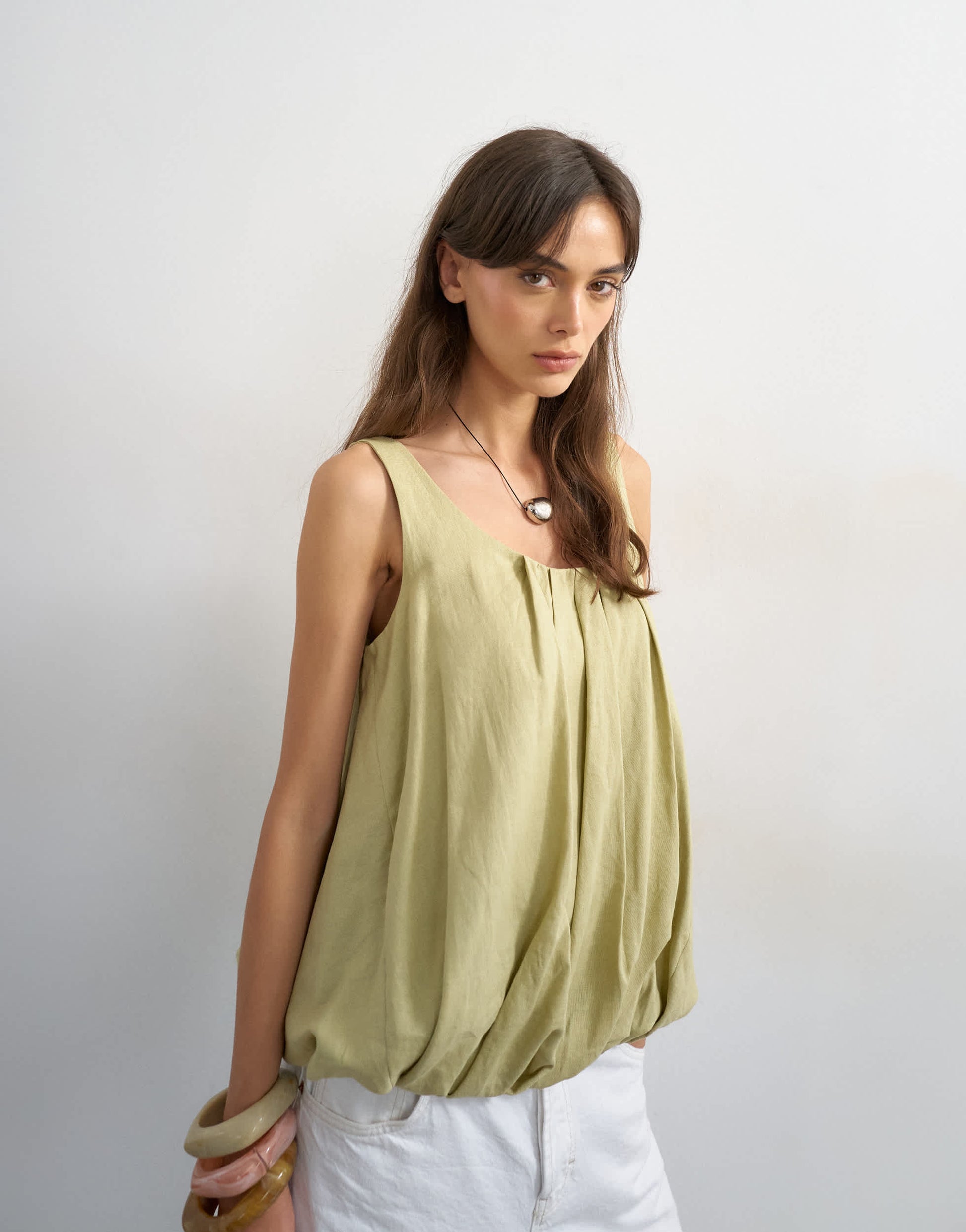 Topshop linen rich twist bubble hem chuck on cami in sage green