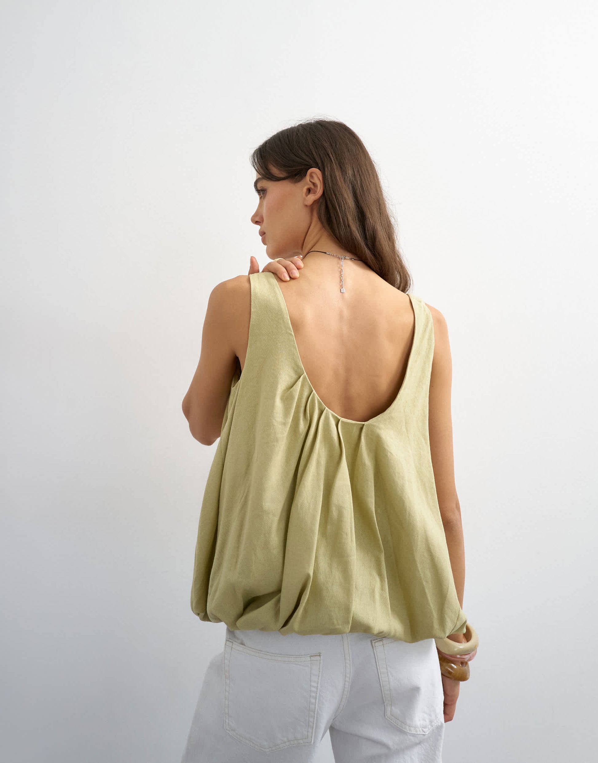 Topshop linen rich twist bubble hem chuck on cami in sage green