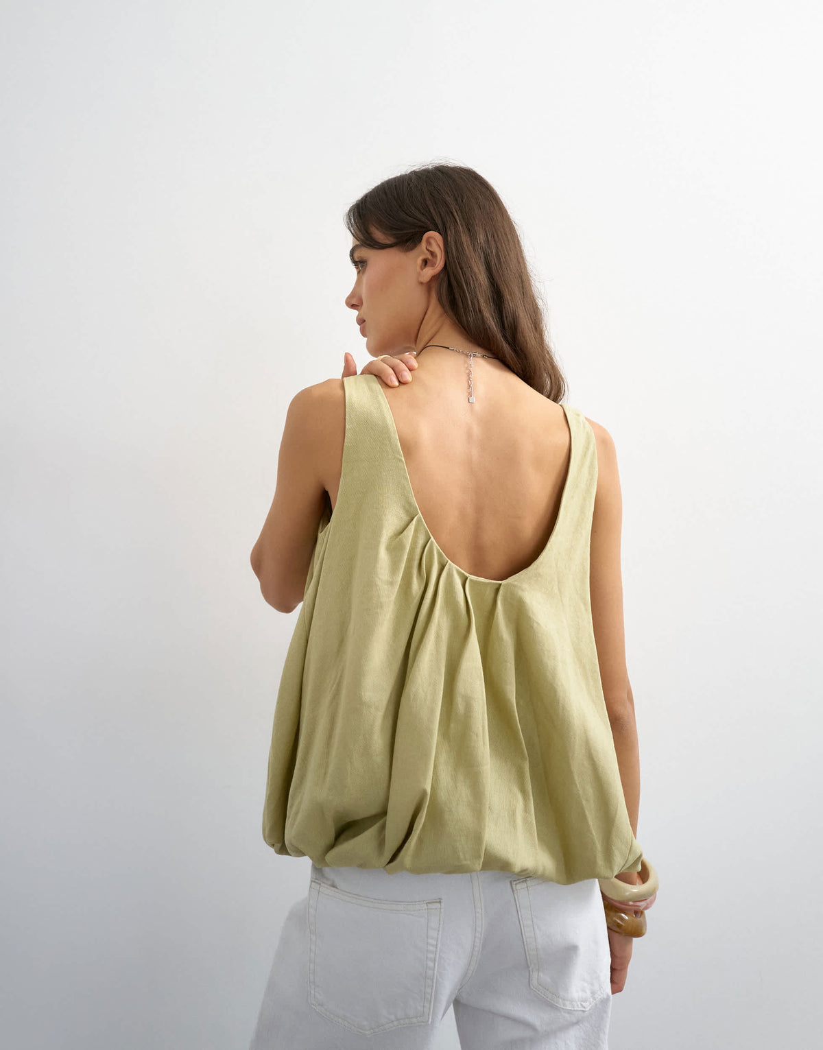 Topshop linen rich twist bubble hem chuck on cami in sage green