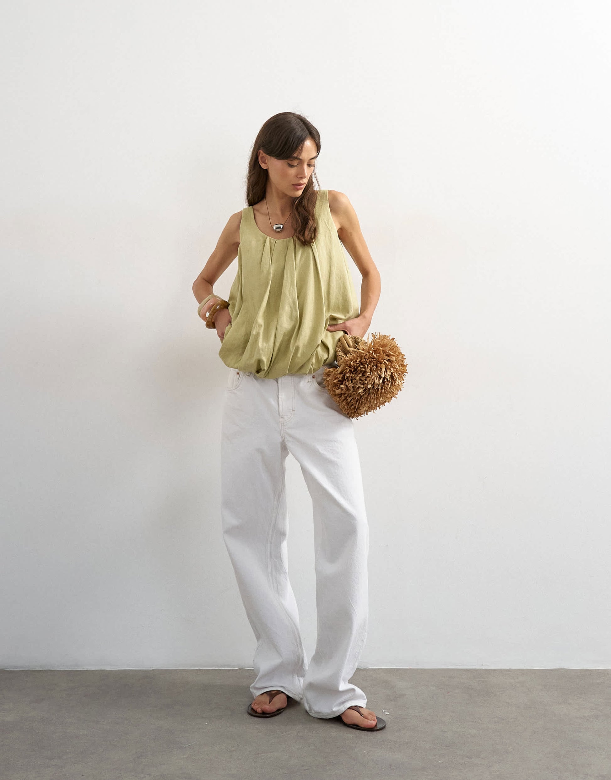 Topshop linen rich twist bubble hem chuck on cami in sage green