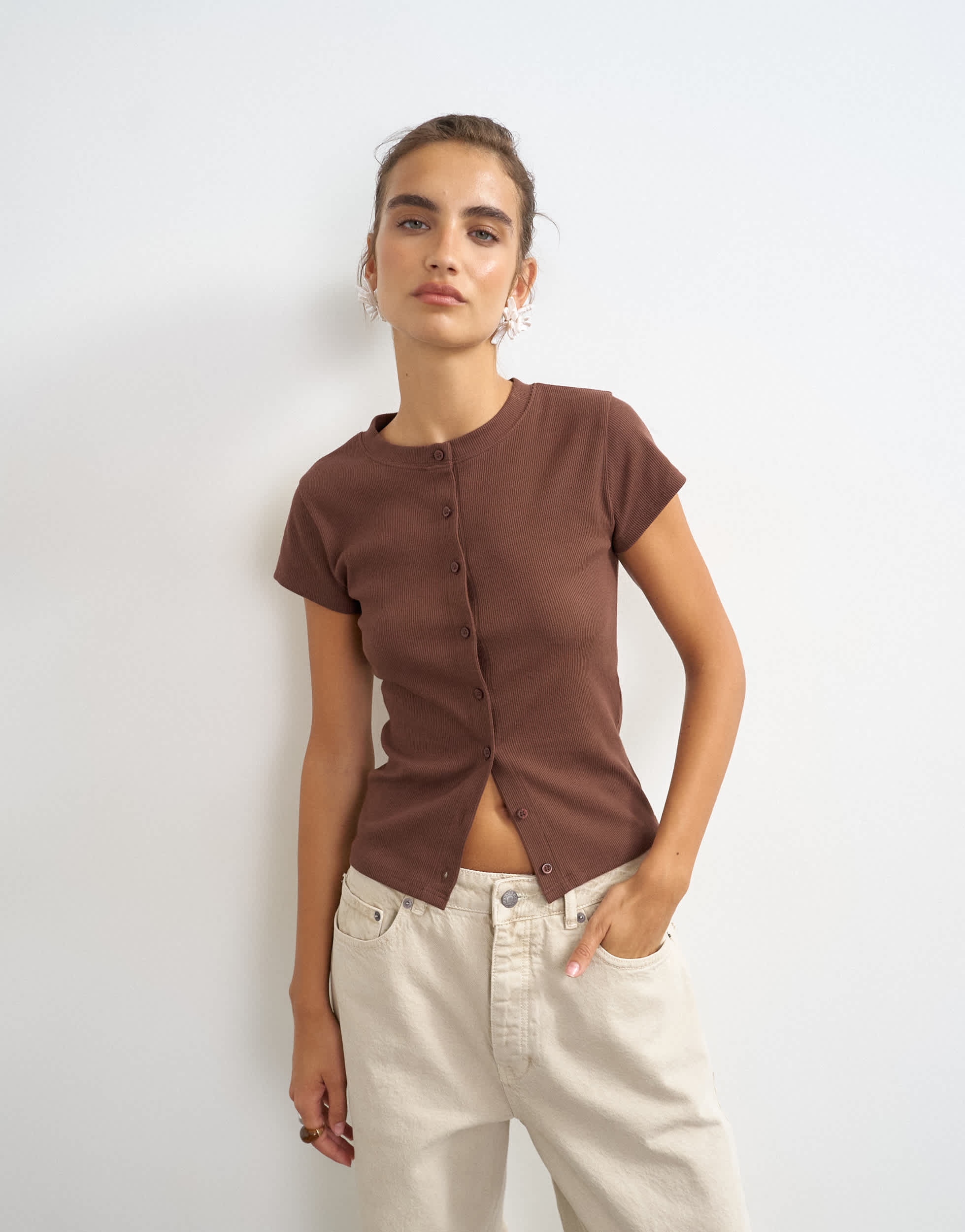 Topshop button through short sleeve top in brown