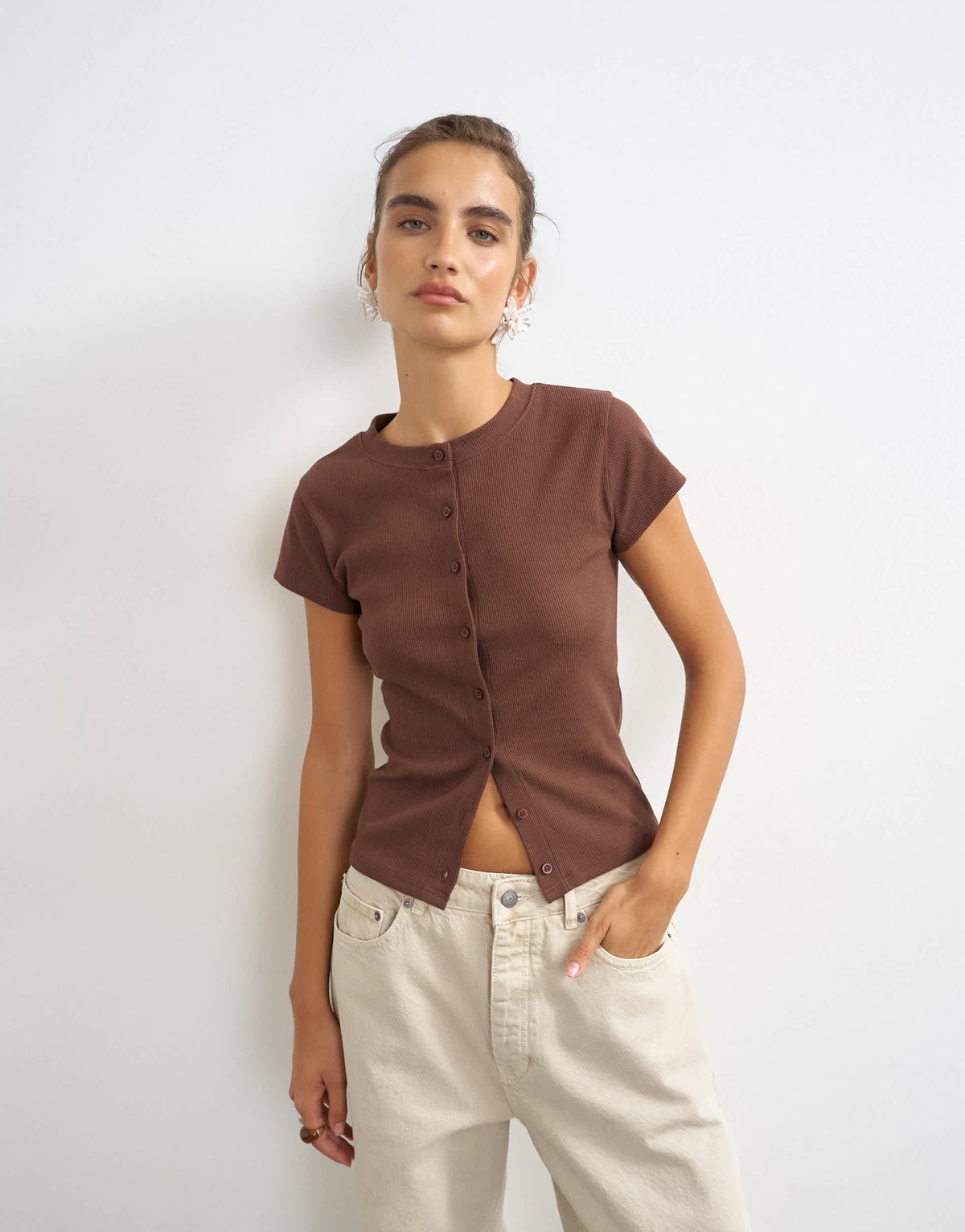 Topshop button through short sleeve top in brown