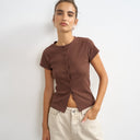 Topshop button through short sleeve top in brown