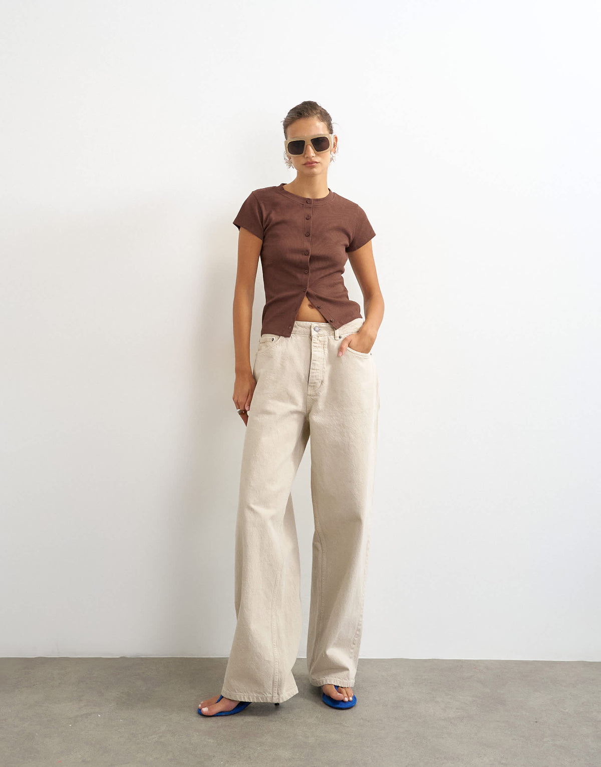 Topshop button through short sleeve top in brown