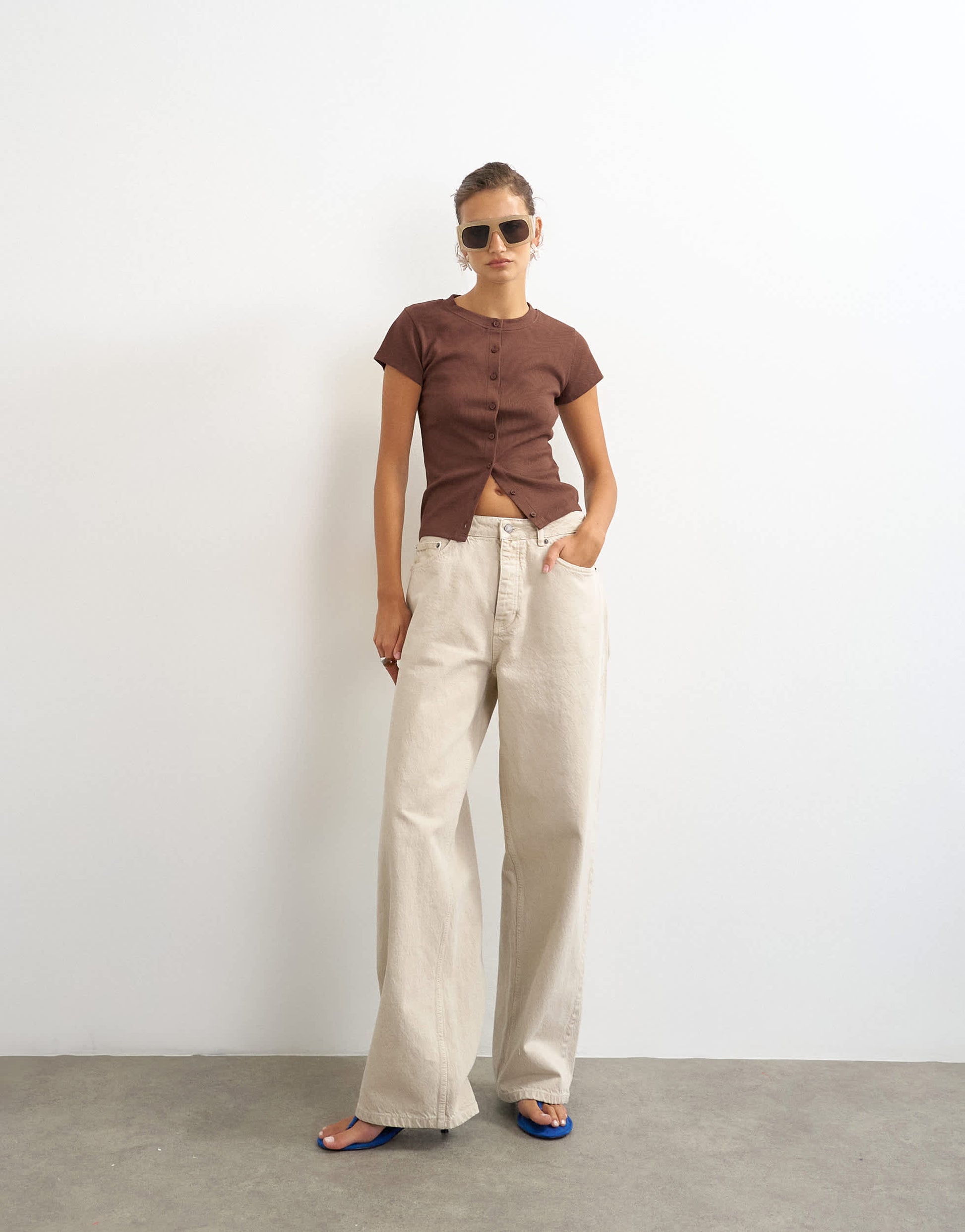 Topshop button through short sleeve top in brown