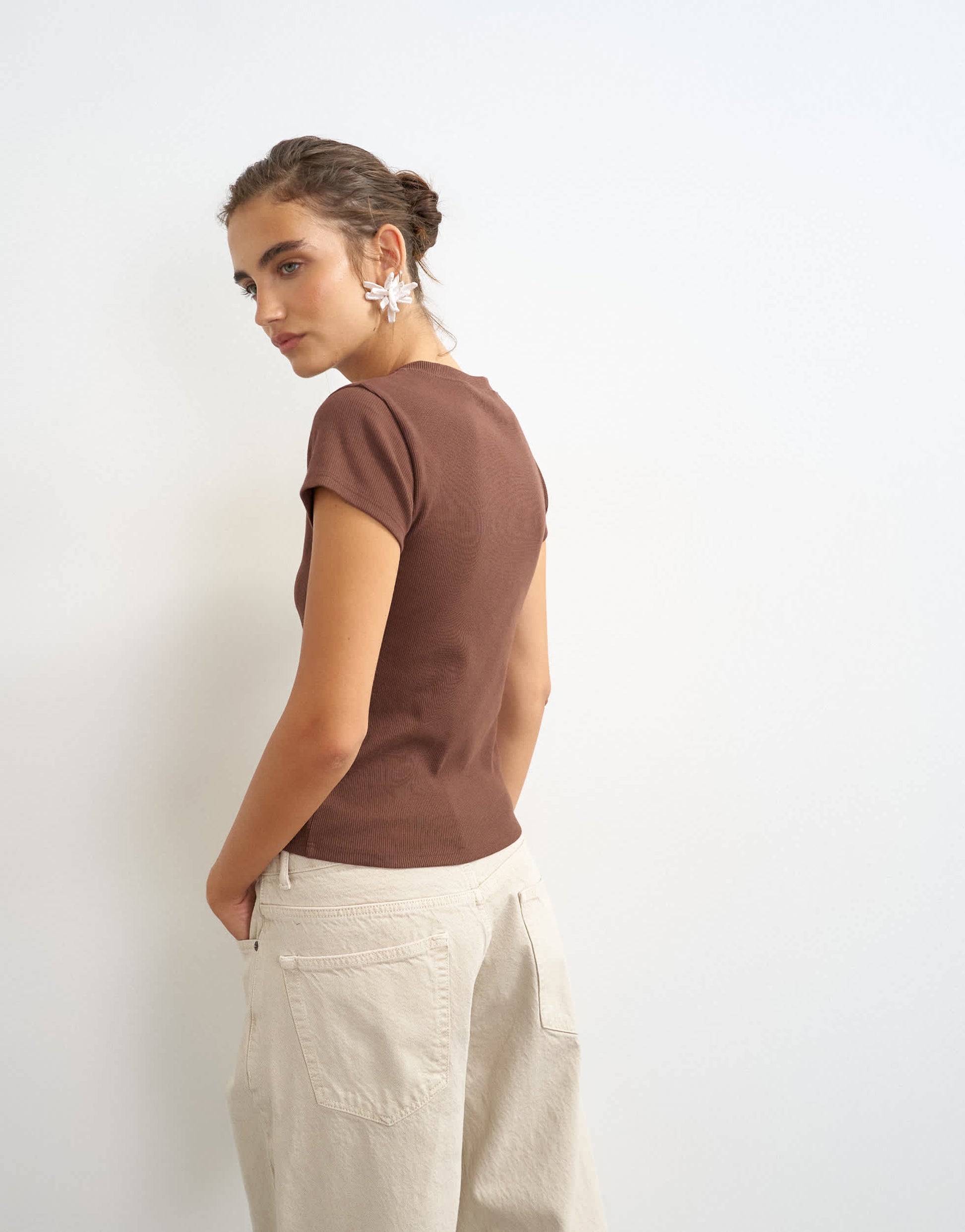 Topshop button through short sleeve top in brown