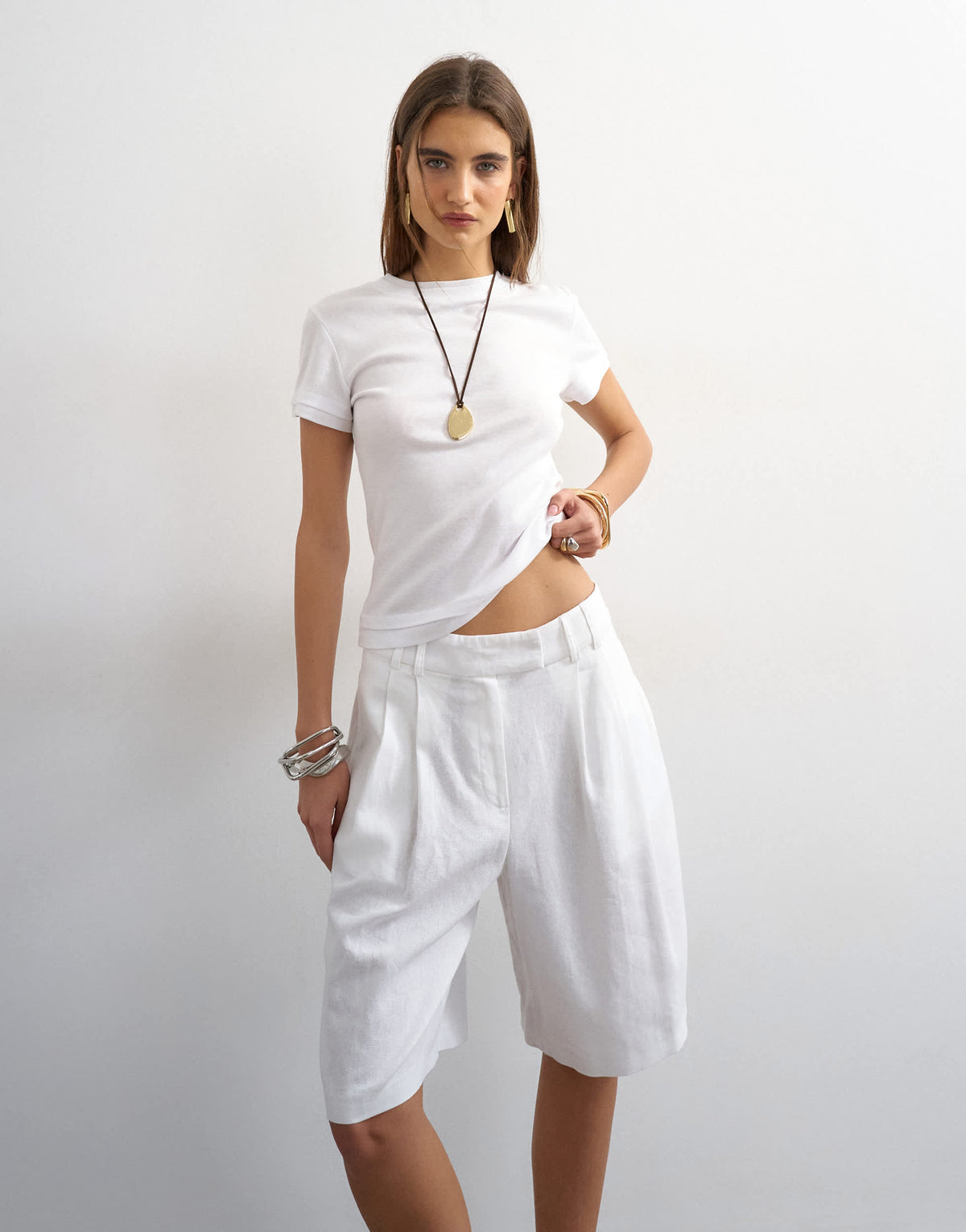 Topshop linen bermuda short in white