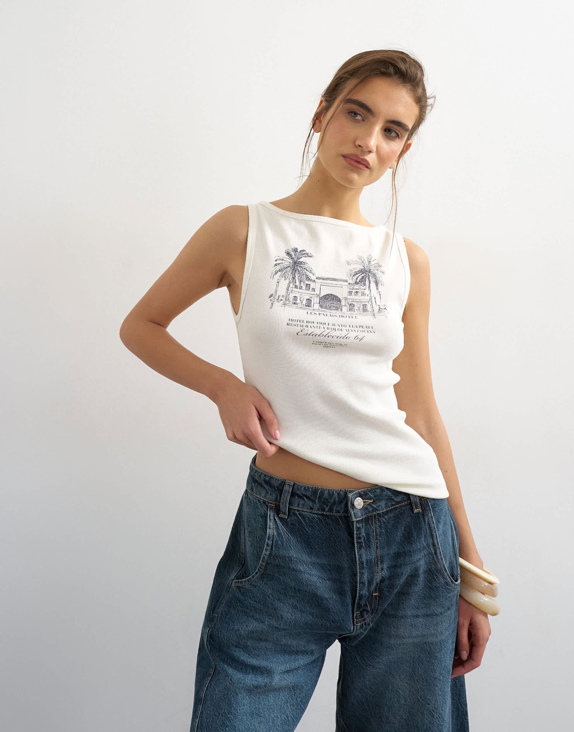 Topshop 'Palm Tree' graphic vest in ecru