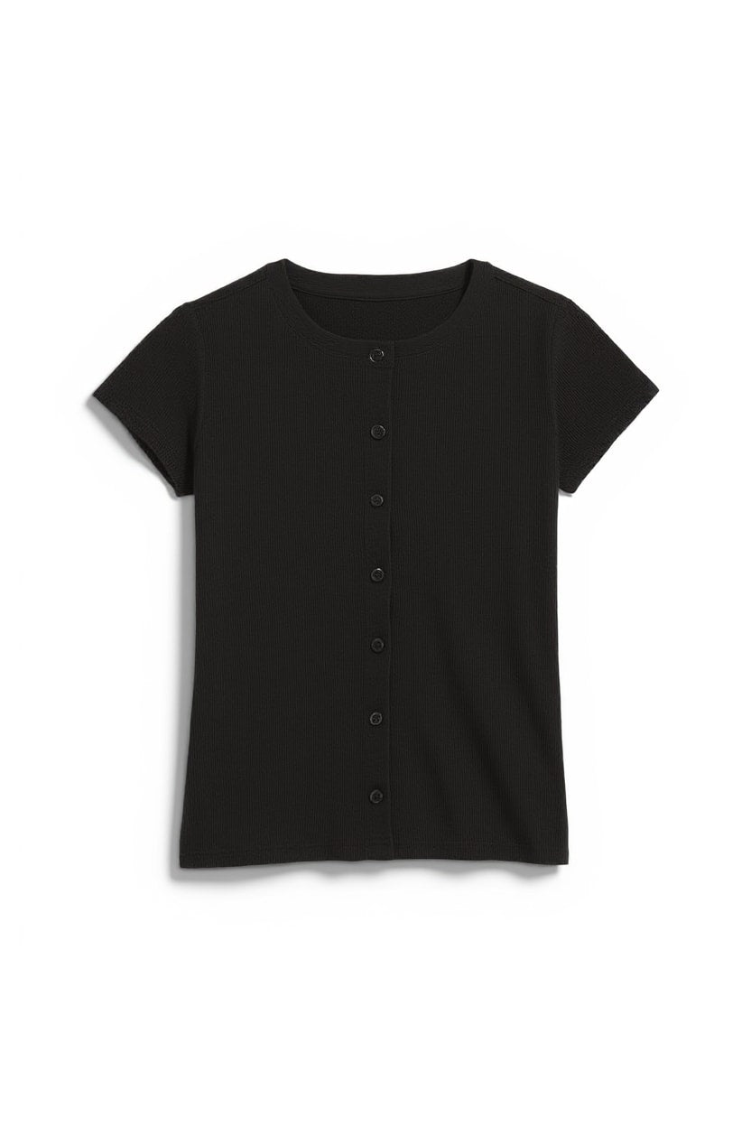 Topshop button through short sleeve top in black