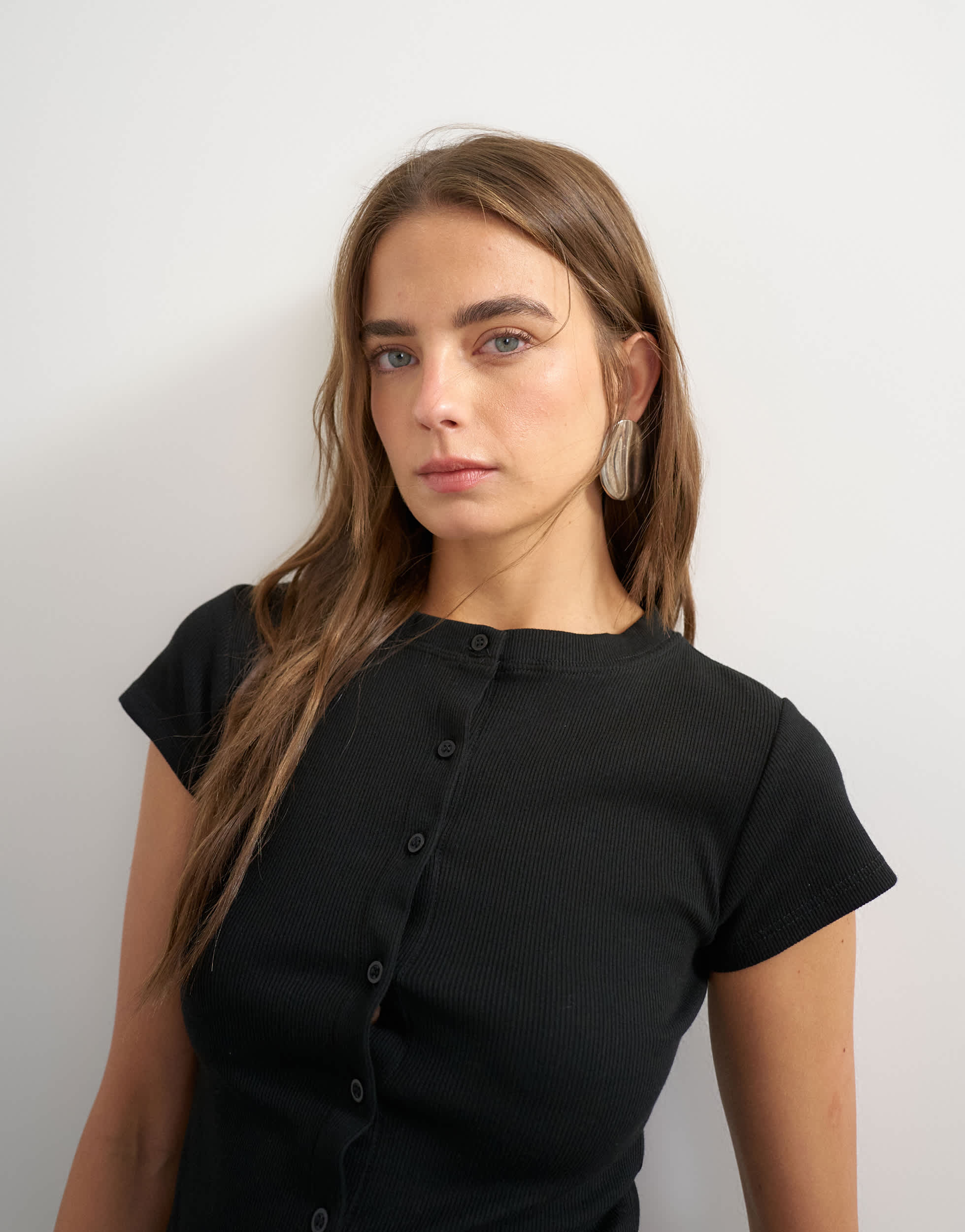 Topshop button through short sleeve top in black