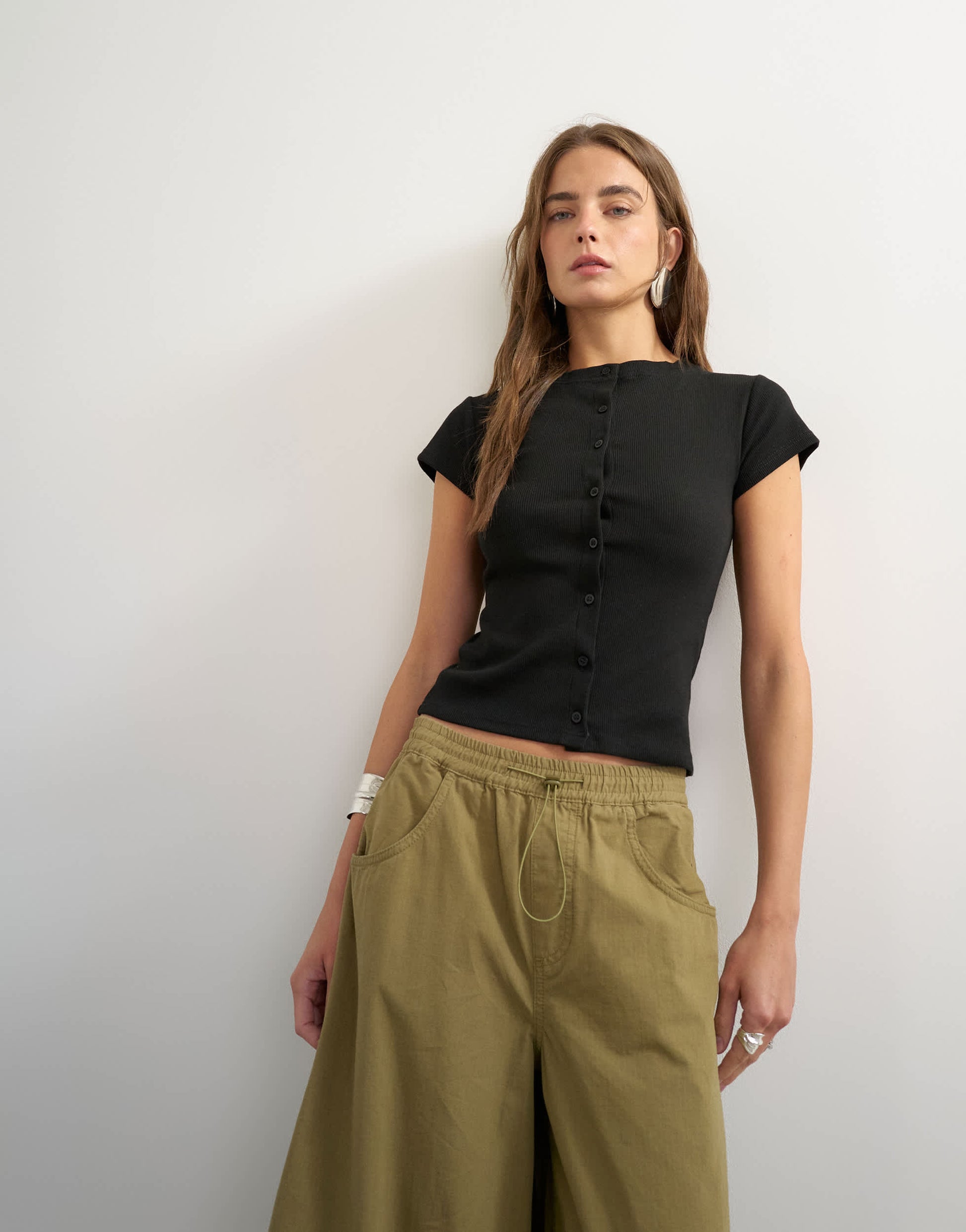 Topshop button through short sleeve top in black