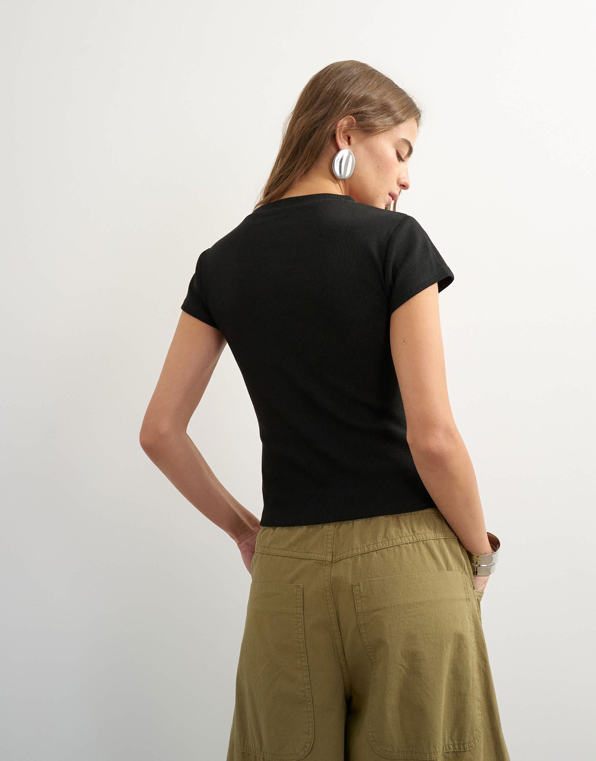 Topshop button through short sleeve top in black