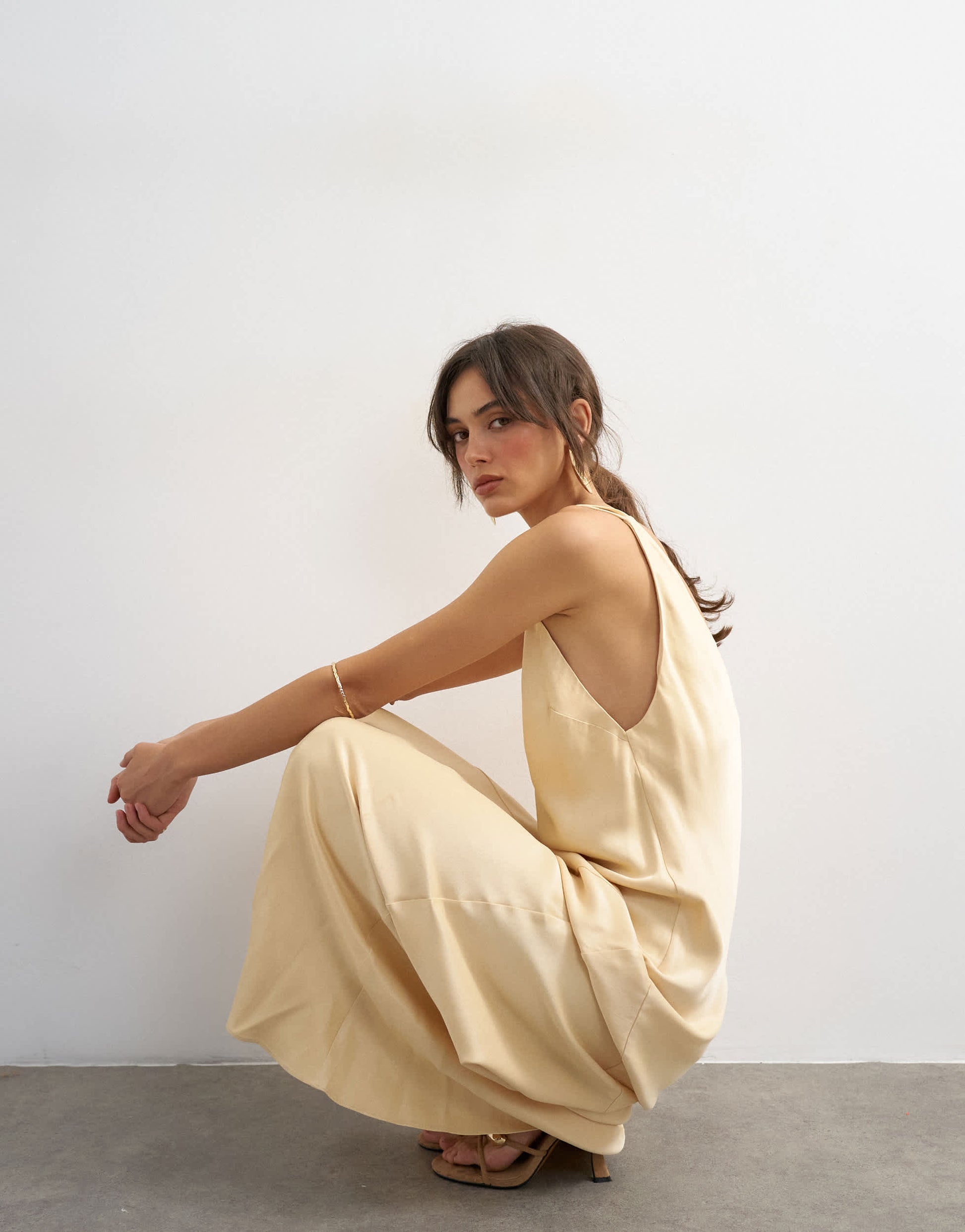 Topshop satin twist strap maxi dress in buttermilk
