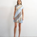 Topshop viscose grown on sleeve mini tea dress in  blue and grey stripe