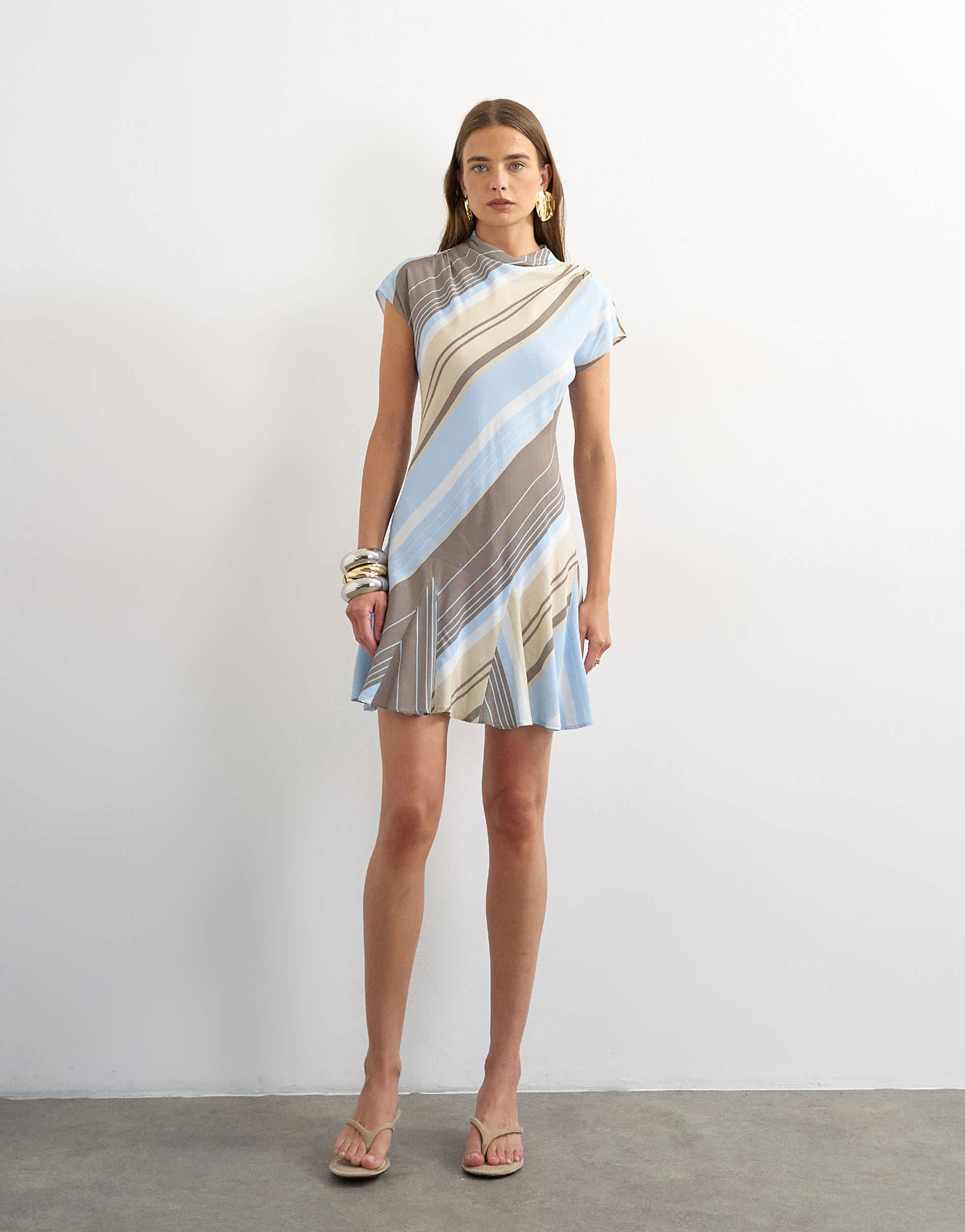 Topshop viscose grown on sleeve mini tea dress in  blue and grey stripe