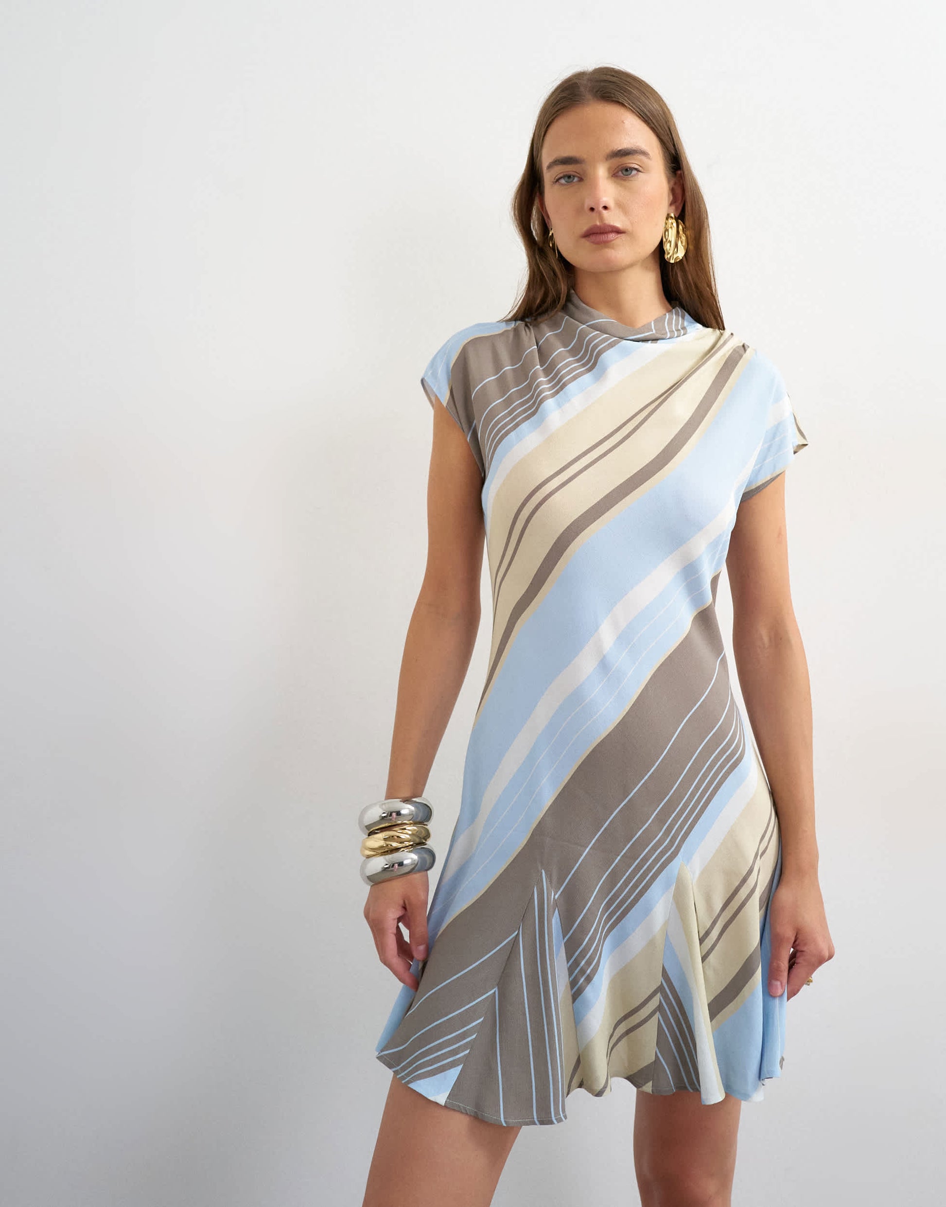 Topshop viscose grown on sleeve mini tea dress in  blue and grey stripe