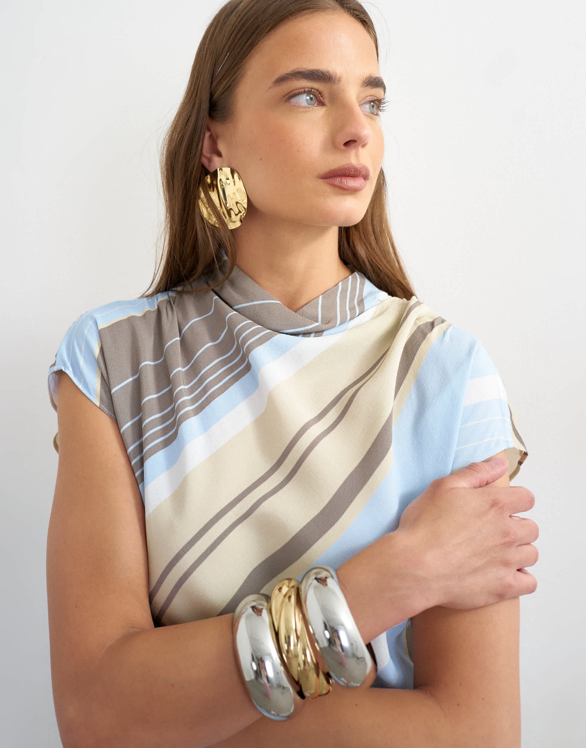 Topshop viscose grown on sleeve mini tea dress in  blue and grey stripe