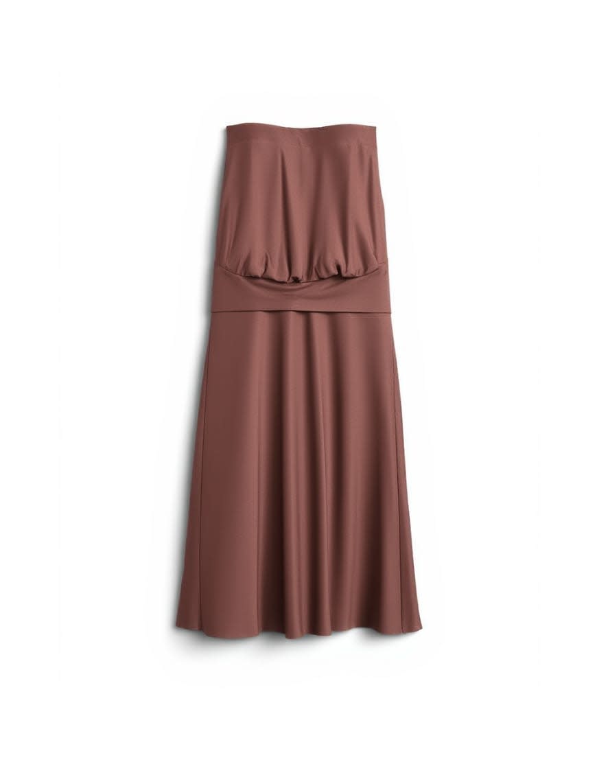 Topshop satin dropped waist blouson bandeau maxi dress in chocolate brown