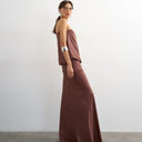 Topshop satin dropped waist blouson bandeau in chocolate brown