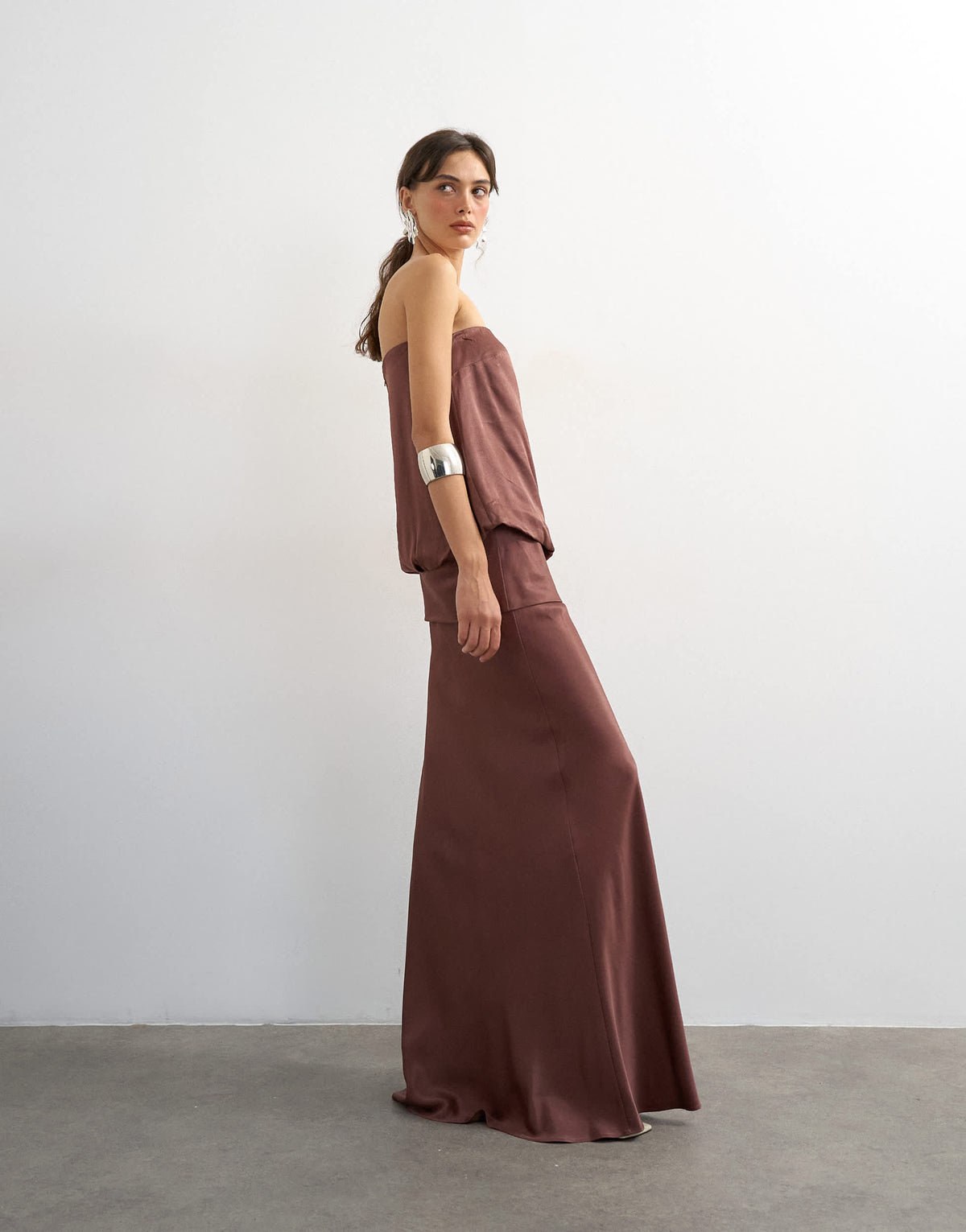 Topshop satin dropped waist blouson bandeau maxi dress in chocolate brown