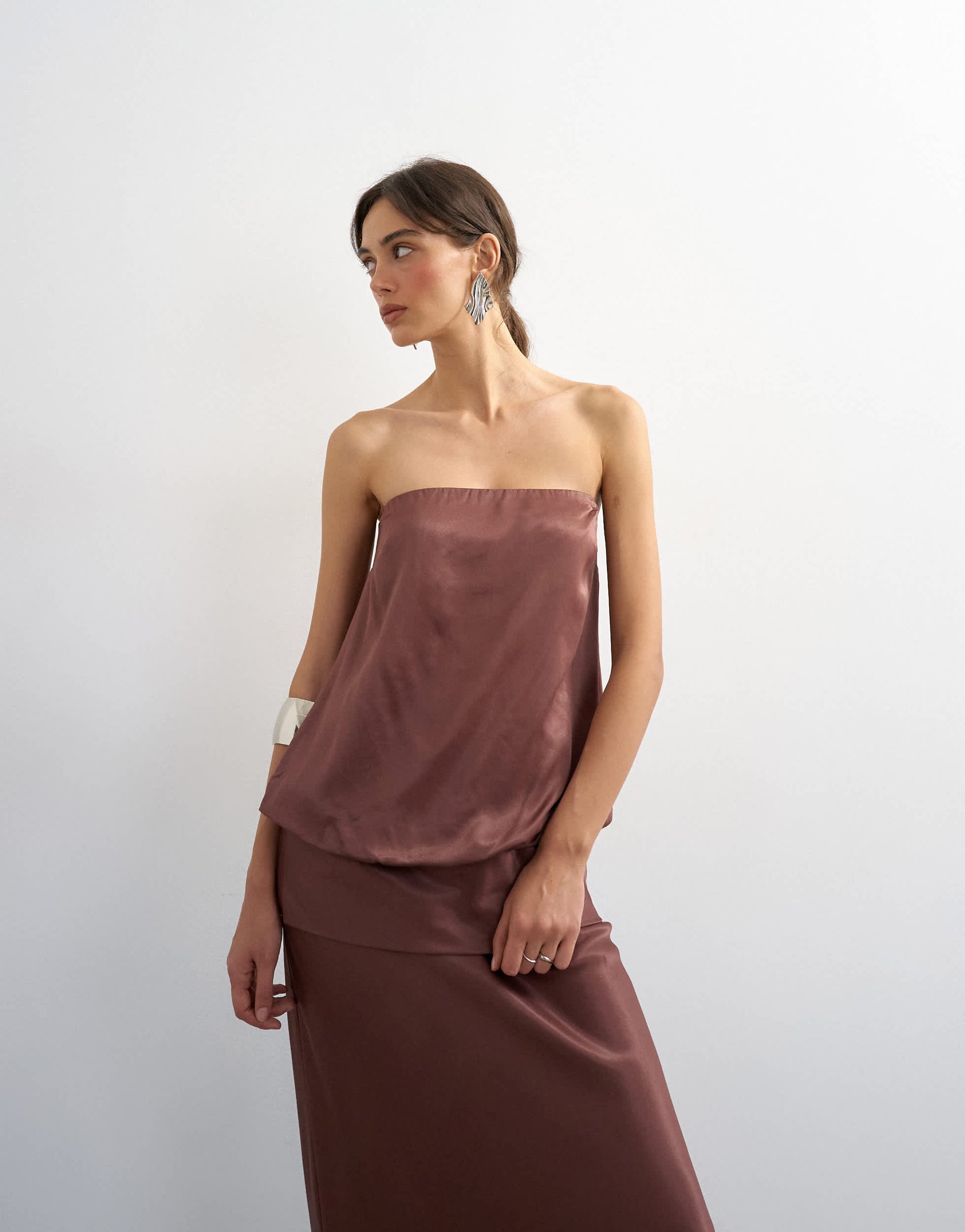 Topshop satin dropped waist blouson bandeau maxi dress in chocolate brown