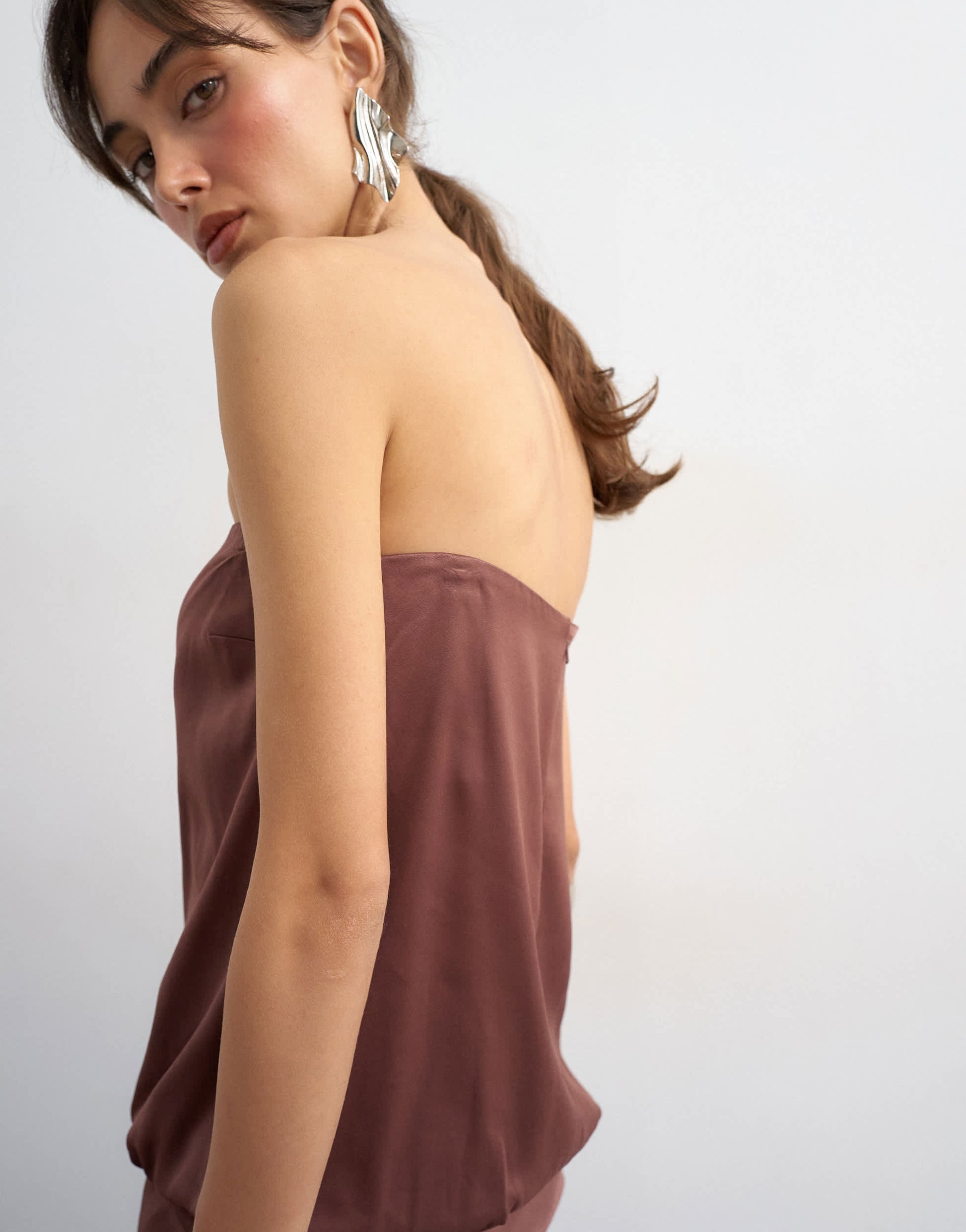 Topshop satin dropped waist blouson bandeau maxi dress in chocolate brown