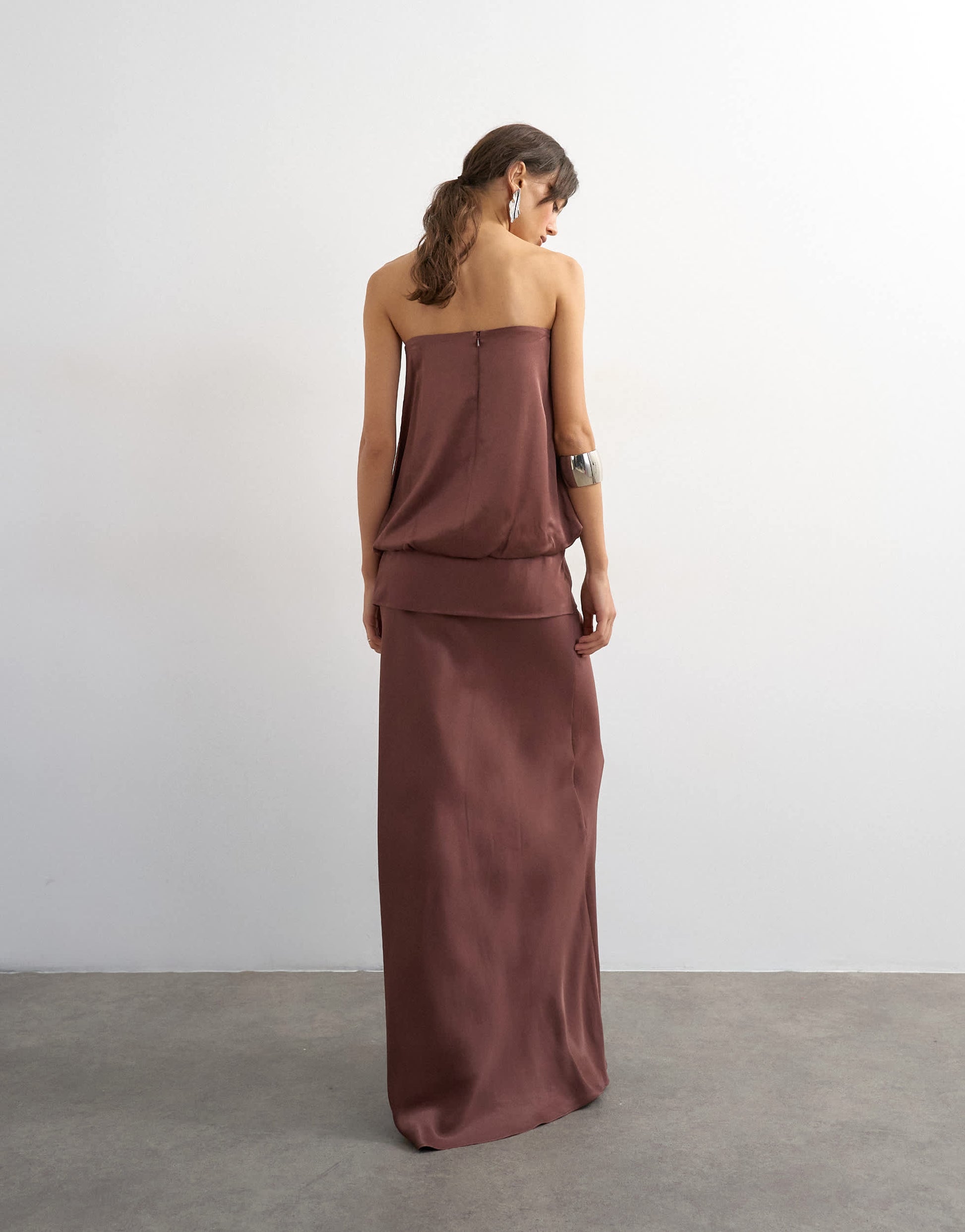 Topshop satin dropped waist blouson bandeau maxi dress in chocolate brown