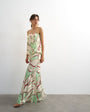 Topshop satin dropped waist blouson bandeau maxi dress in green floral