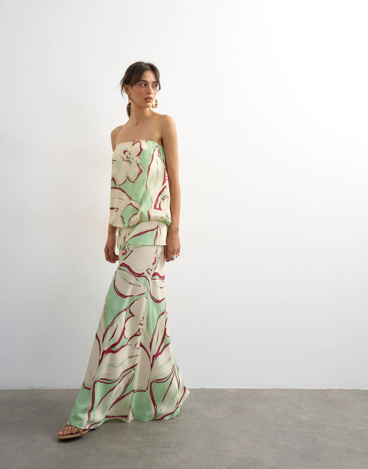 Topshop satin dropped waist blouson bandeau maxi dress in green floral