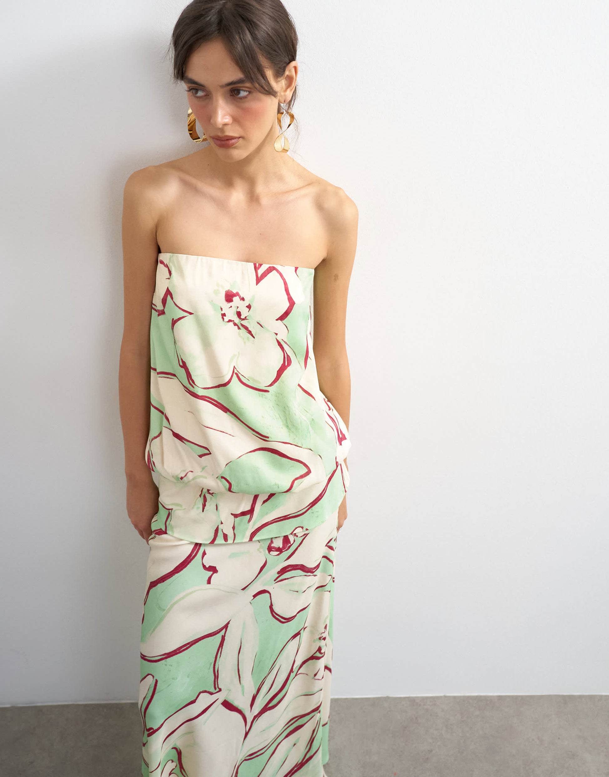 Topshop satin dropped waist blouson bandeau maxi dress in green floral