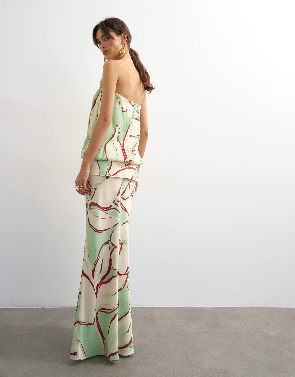 Topshop satin dropped waist blouson bandeau maxi dress in green floral