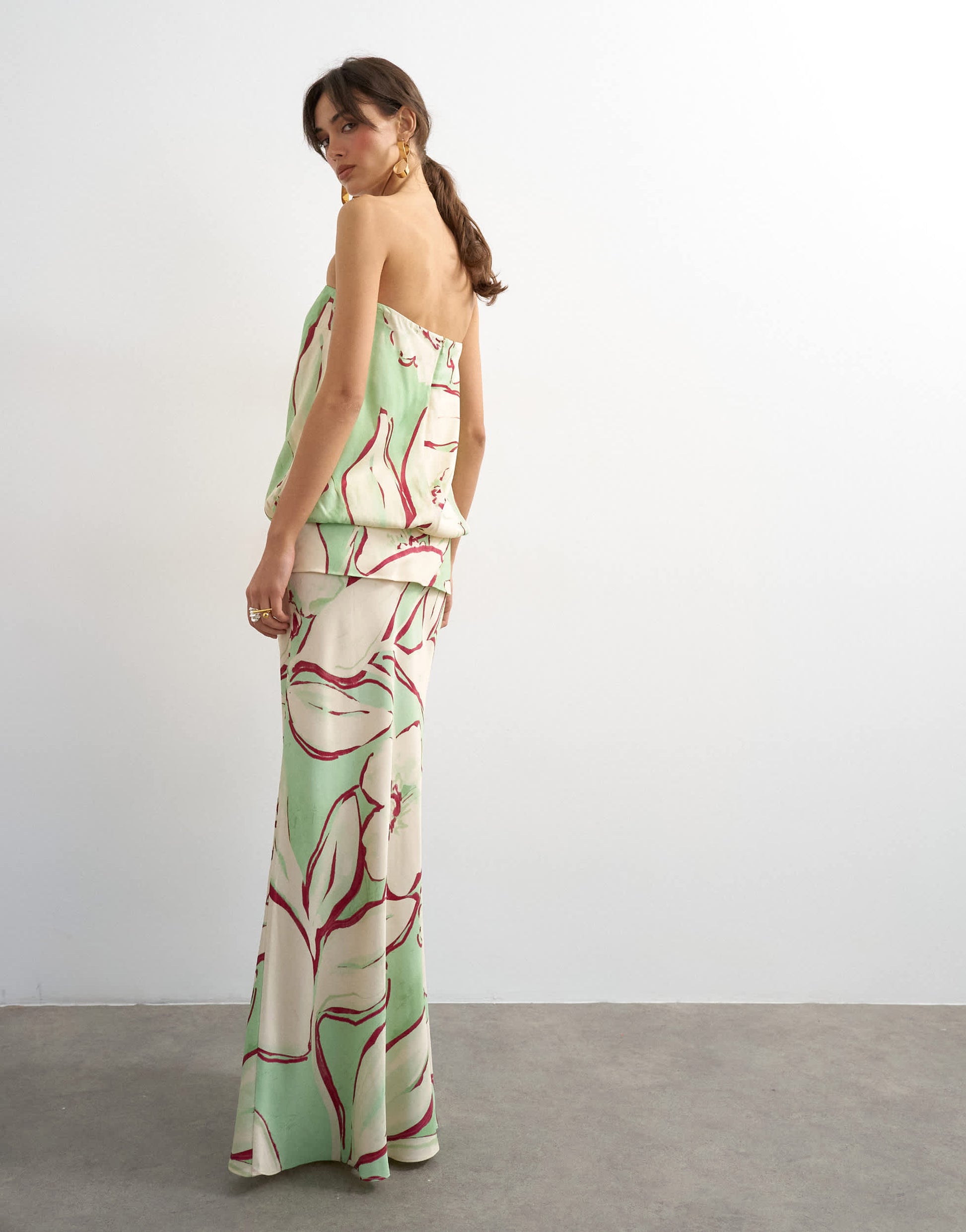 Topshop satin dropped waist blouson bandeau maxi dress in green floral
