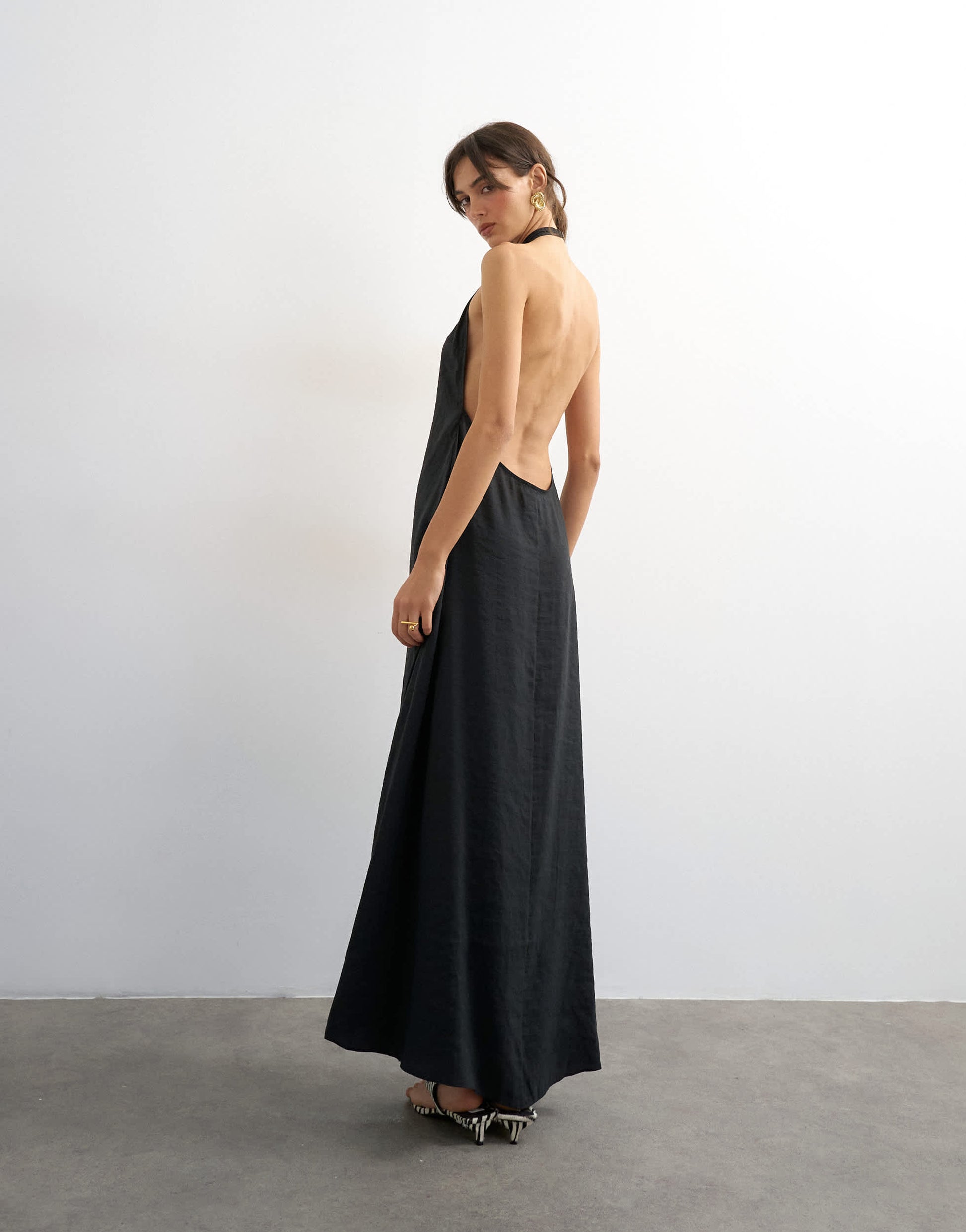 Topshop soft touch cupro halter neck low back maxi dress in washed black
