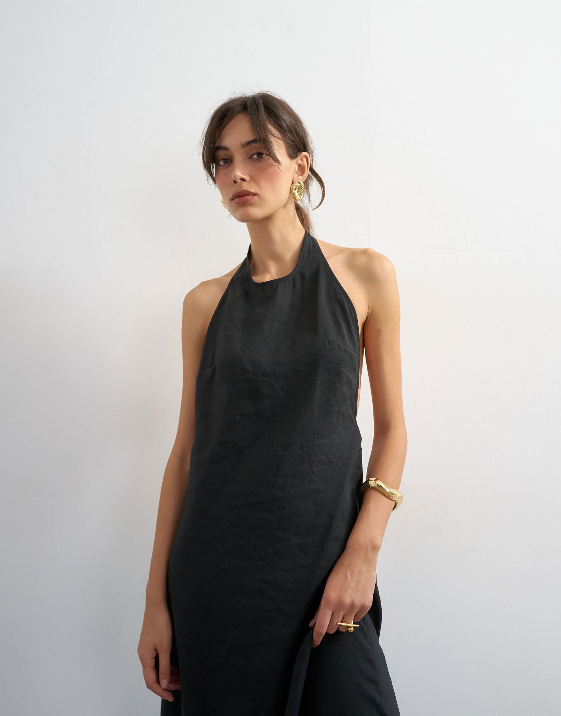Topshop soft touch cupro halter neck low back maxi dress in washed black
