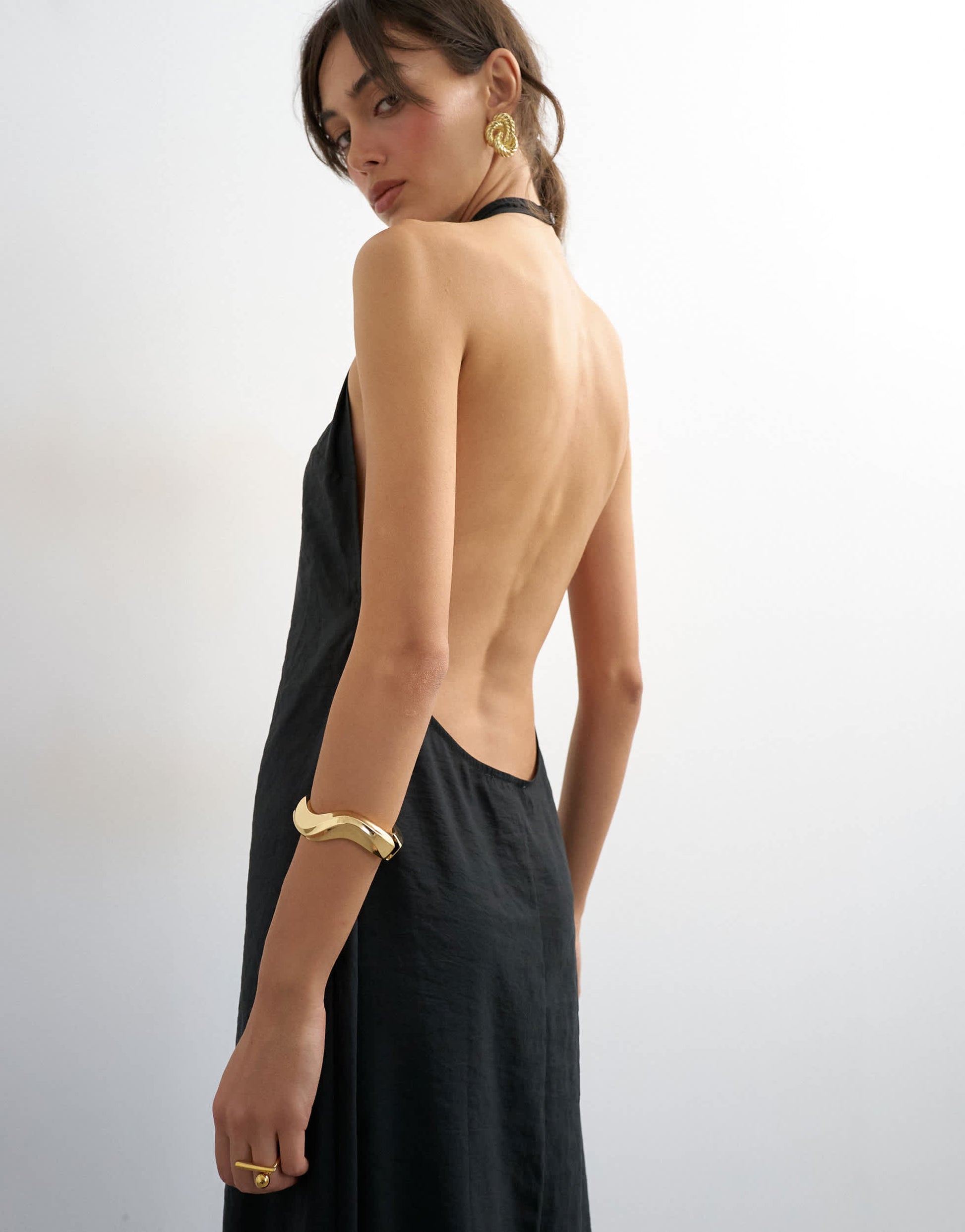 Topshop soft touch cupro halter neck low back maxi dress in washed black