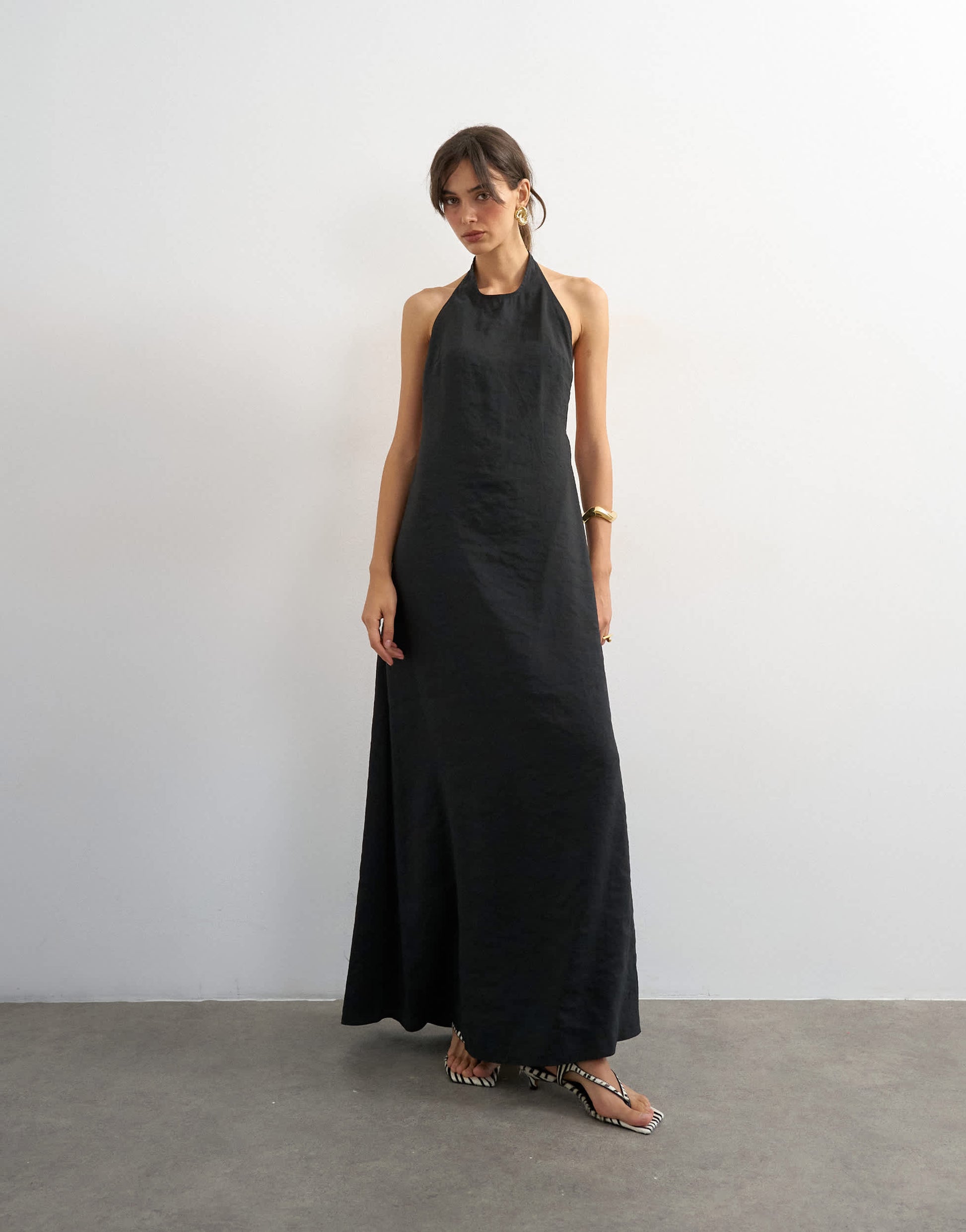 Topshop soft touch cupro halter neck low back maxi dress in washed black