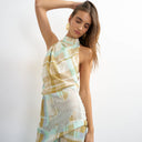 Topshop premium linen blend halter neck lace hem occasion maxi dress in check