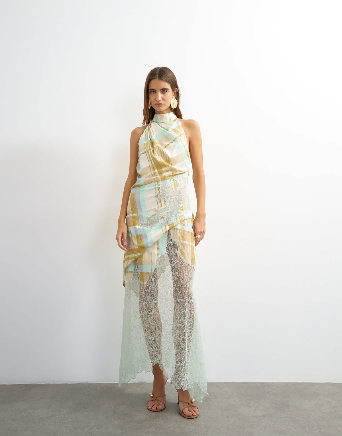 Topshop premium linen blend halter neck lace hem occasion maxi dress in check