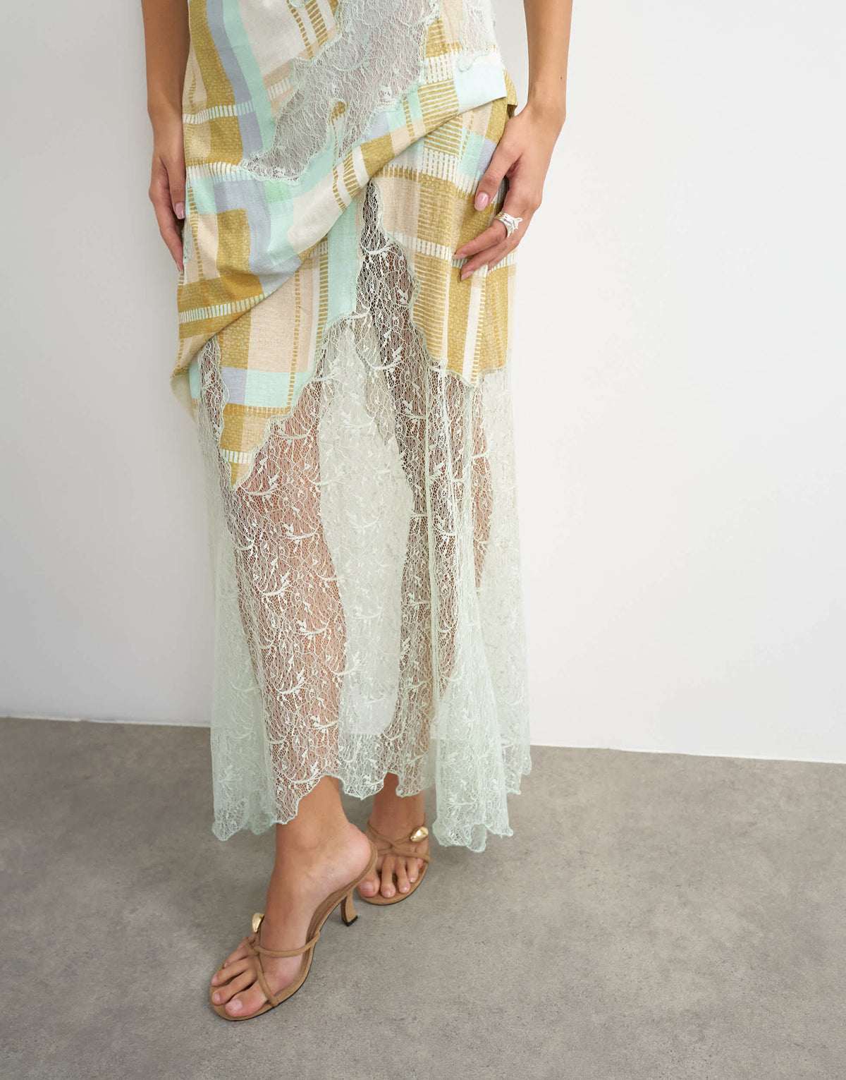 Topshop premium linen blend halter neck lace hem occasion maxi dress in check