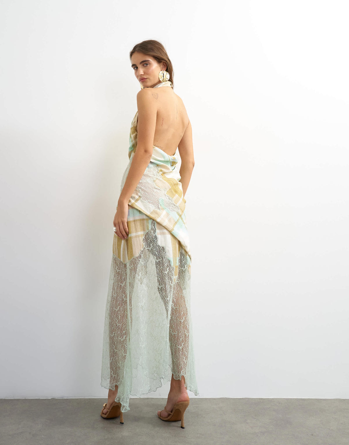 Topshop premium linen blend halter neck lace hem occasion maxi dress in check
