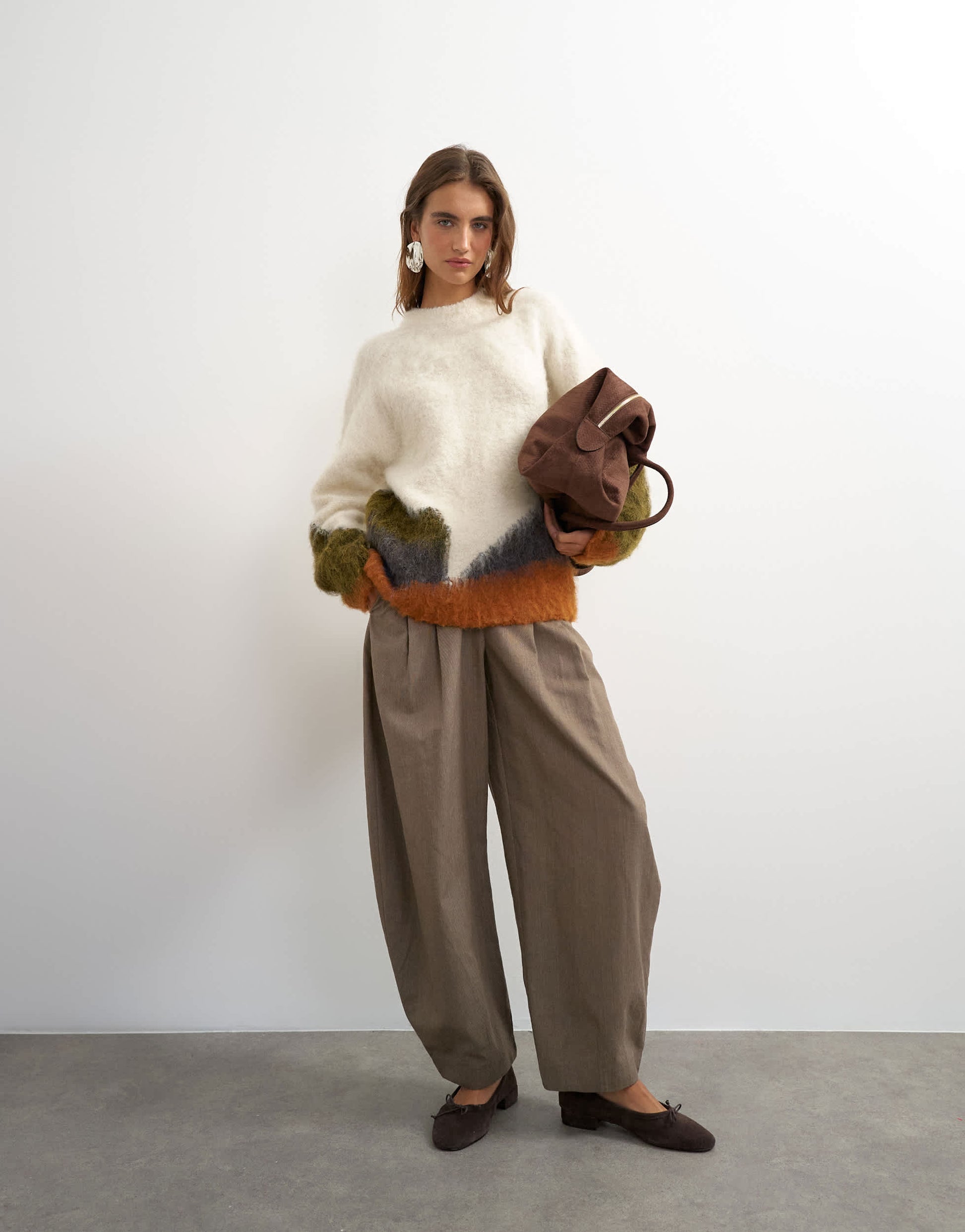 Topshop knitted hairy abstract colour block stripe crew neck jumper in ivory multi