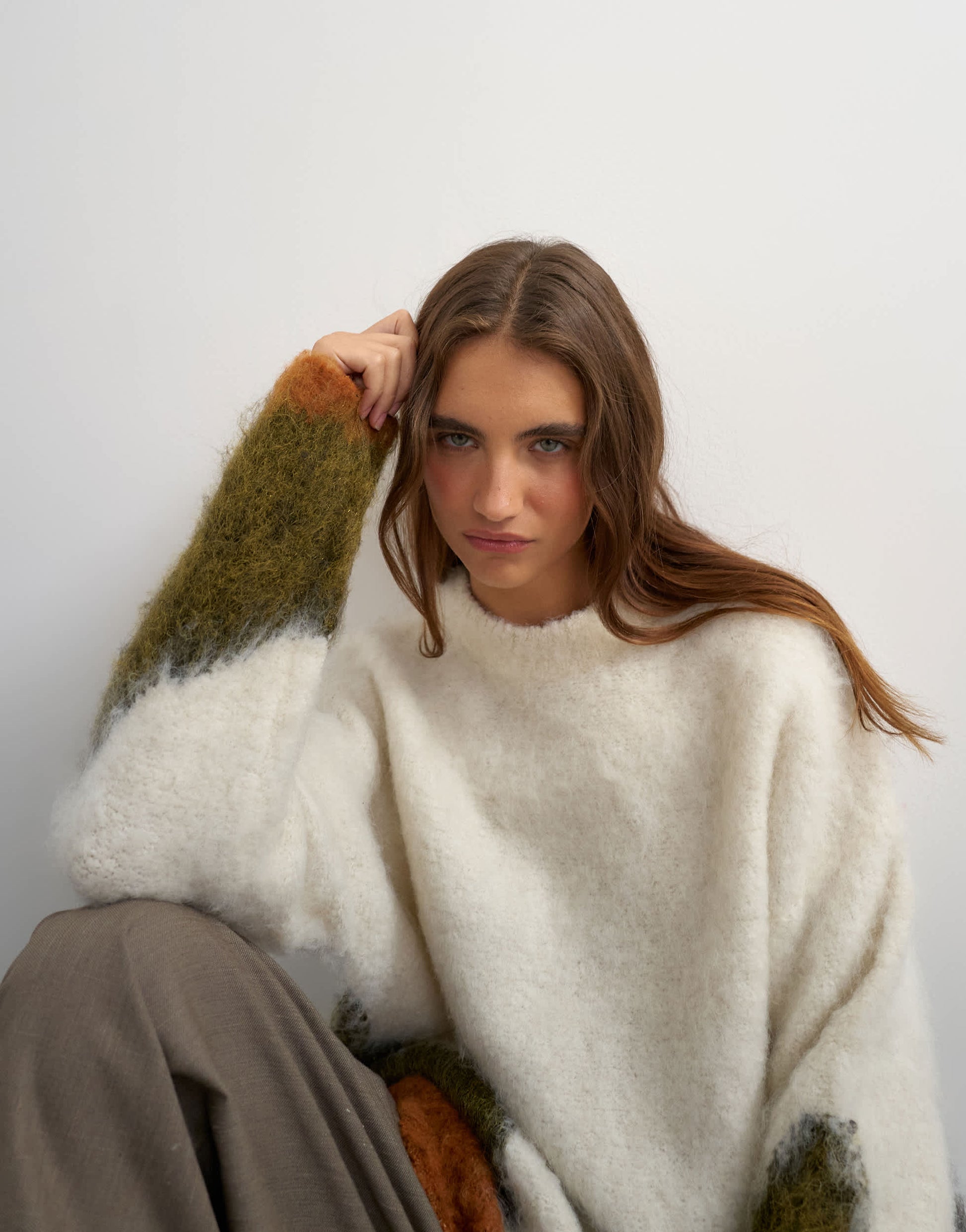 Topshop knitted hairy abstract colour block stripe crew neck jumper in ivory multi